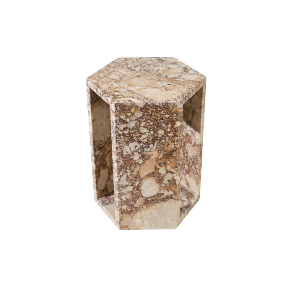 High-angle view of the natural Rose Tea marble geometric drink table, showcasing its elegant pink veining and one-of-a-kind stone pattern.