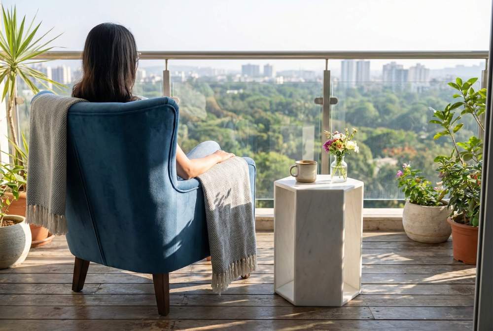Relaxing on a sunny balcony with the genuine marble drink table beside a cozy armchair. Every natural stone table features exclusive, one-of-a-kind patterns.