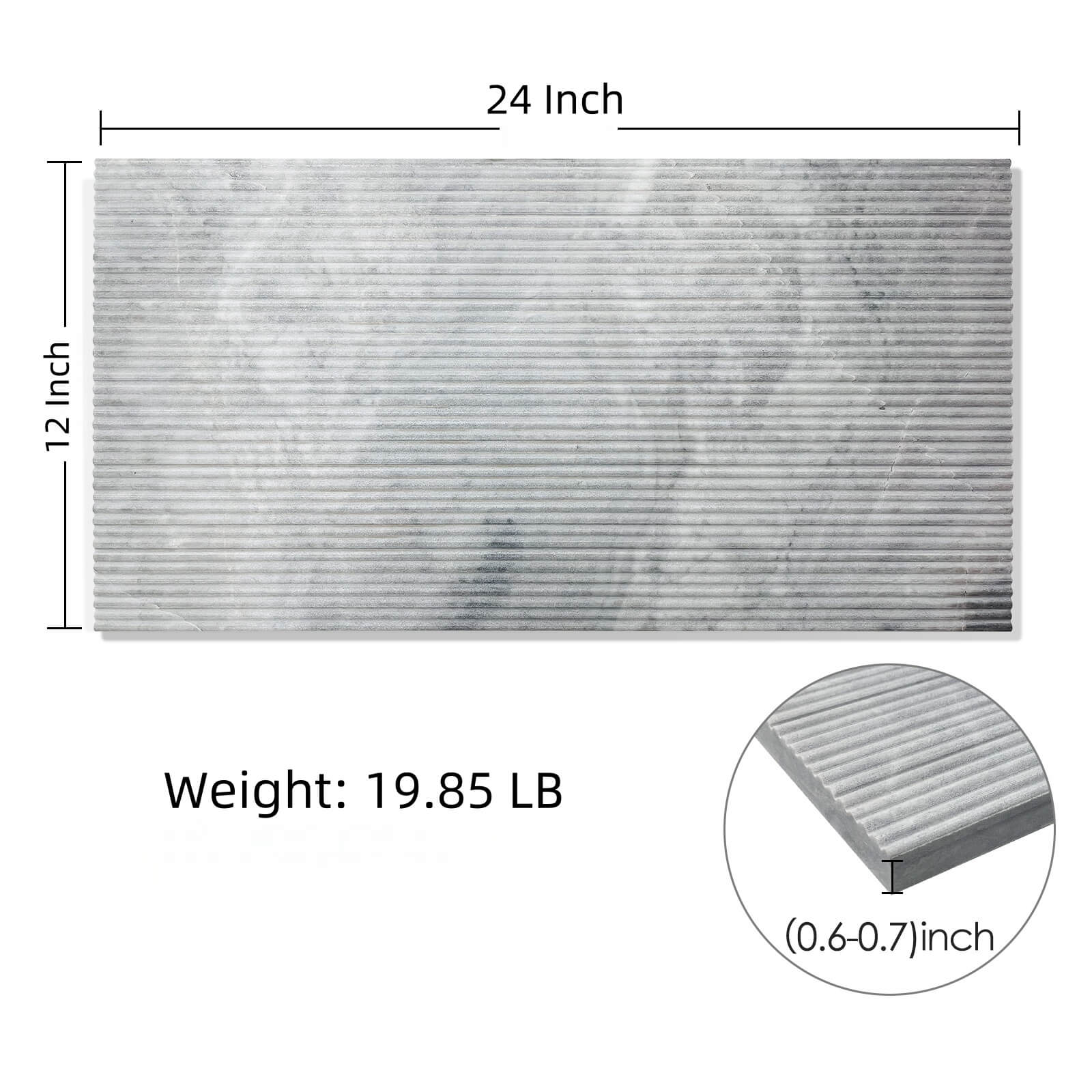 Dimensions and weight specifications of the 12x24 inch Carrara Gray fluted marble tile, showing a premium 0.6 to 0.7-inch thickness.