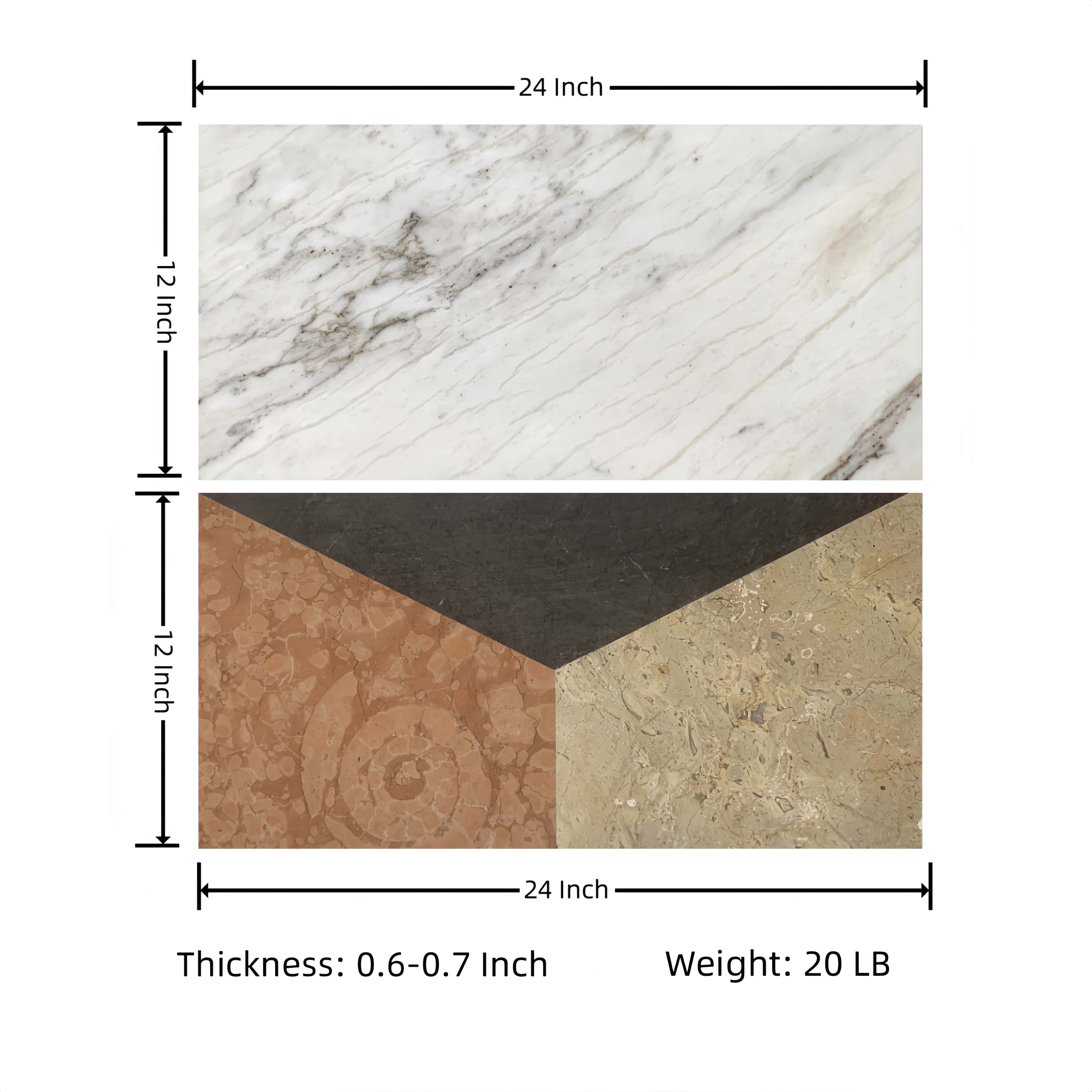 Dimensions and weight specifications for the 12x24 inch multi-color waterjet marble tile, highlighting the 5/8 inch durable thickness.