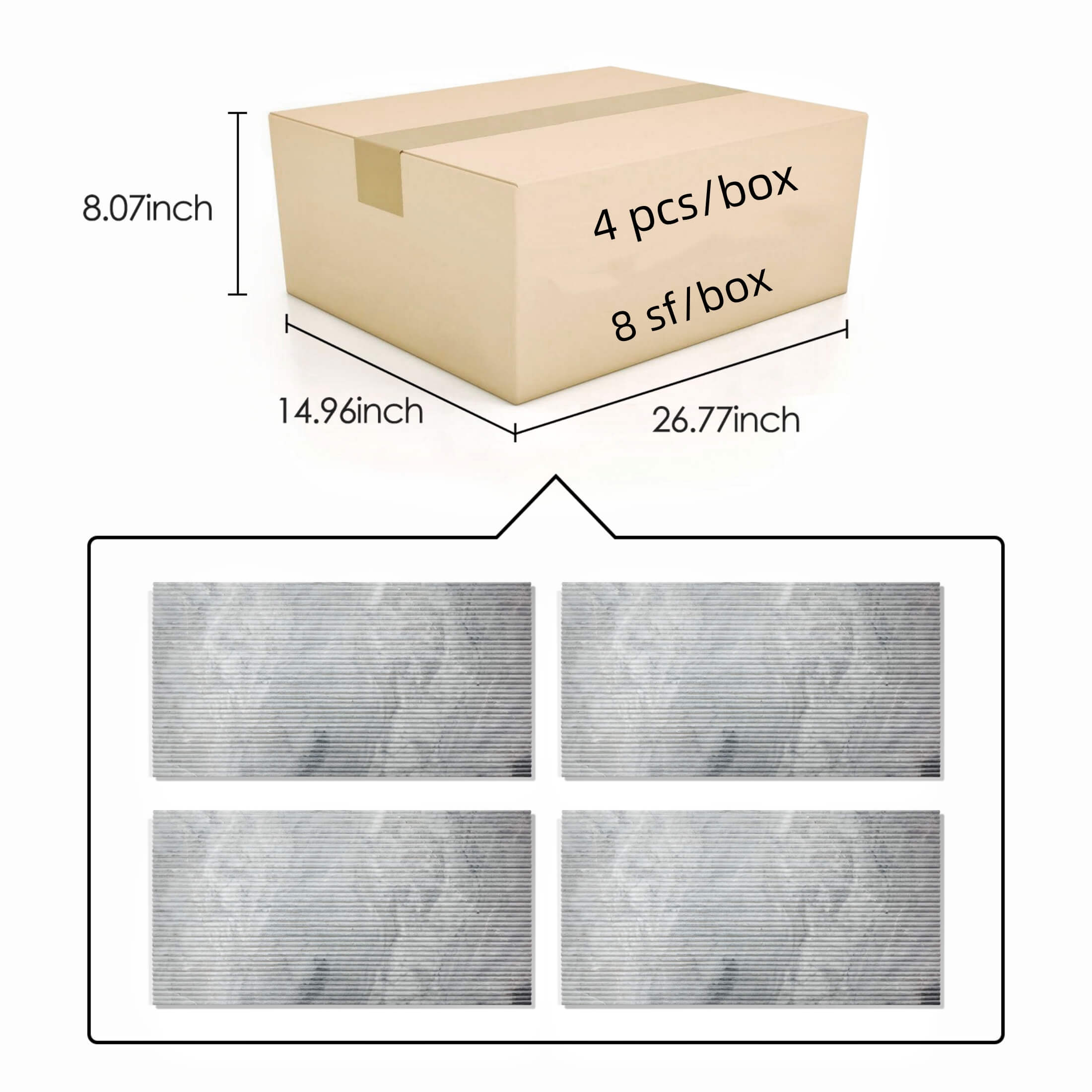 Safe anti-damage packaging for Carrara Gray textured marble tiles, containing 4 unique pieces and covering 8 square feet per box.