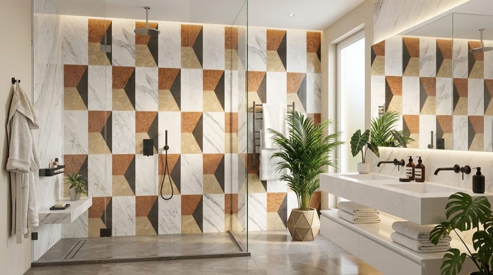 Bright bathroom featuring our 12x24 multi-color waterjet marble tiles on the wall. Expertly packaged for safe, damage-resistant delivery.