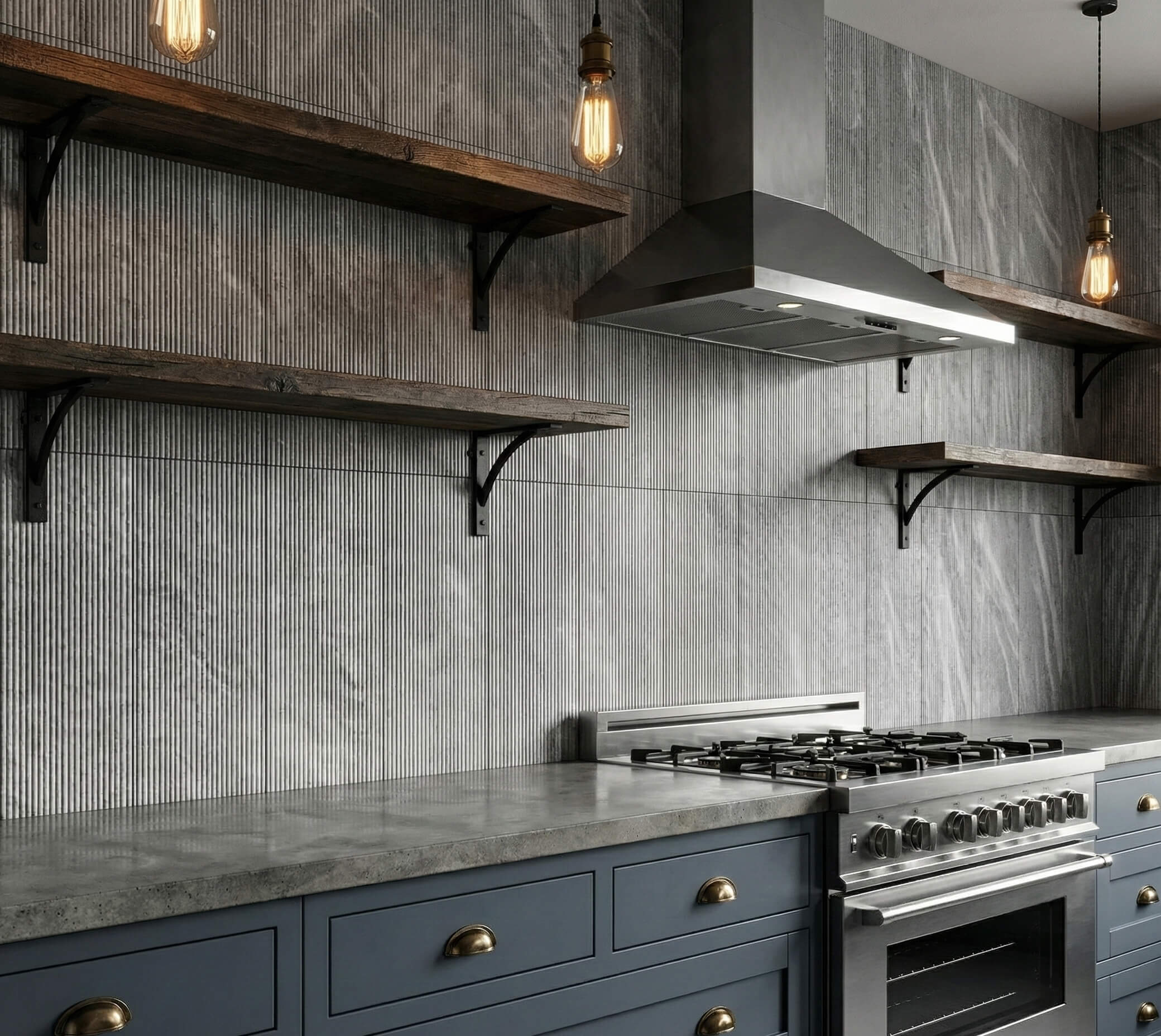Carrara Gray 3D fluted marble tiles installed as an elegant kitchen backsplash, complementing rustic wooden shelves and modern stainless steel appliances.