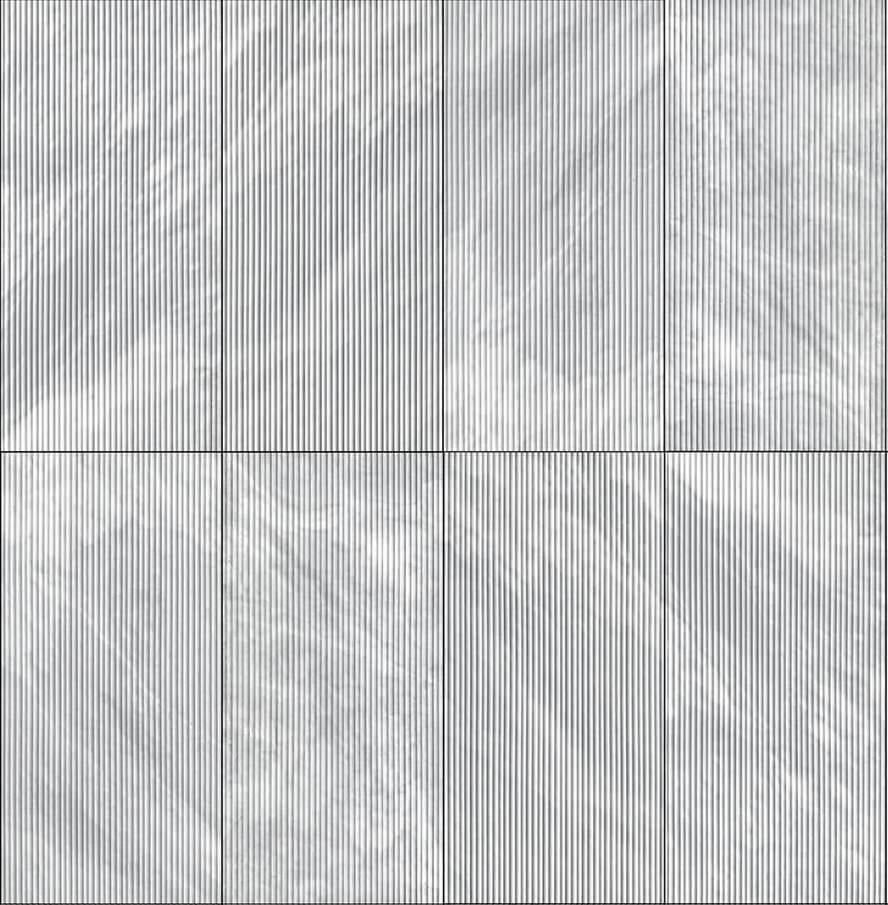 Seamless wall application of Carrara Gray 3D fluted marble tiles, highlighting the distinctive natural variation and luxurious vertical lines.