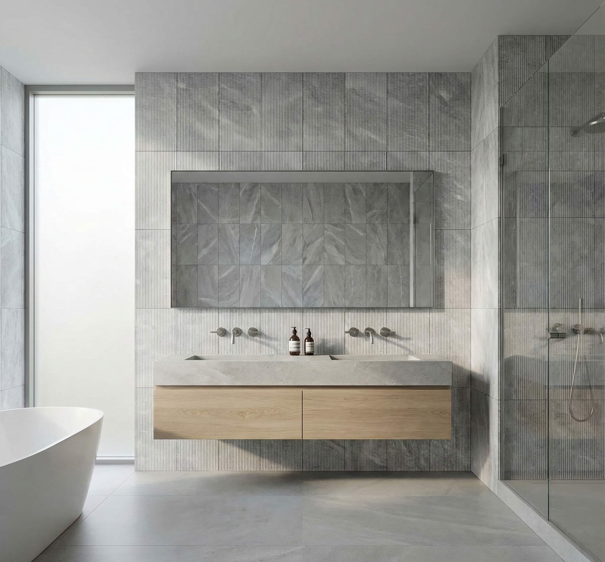 Modern bathroom featuring a seamless feature wall built with 12x24 Carrara Gray 3D fluted marble tiles, creating a bright and luxurious space.