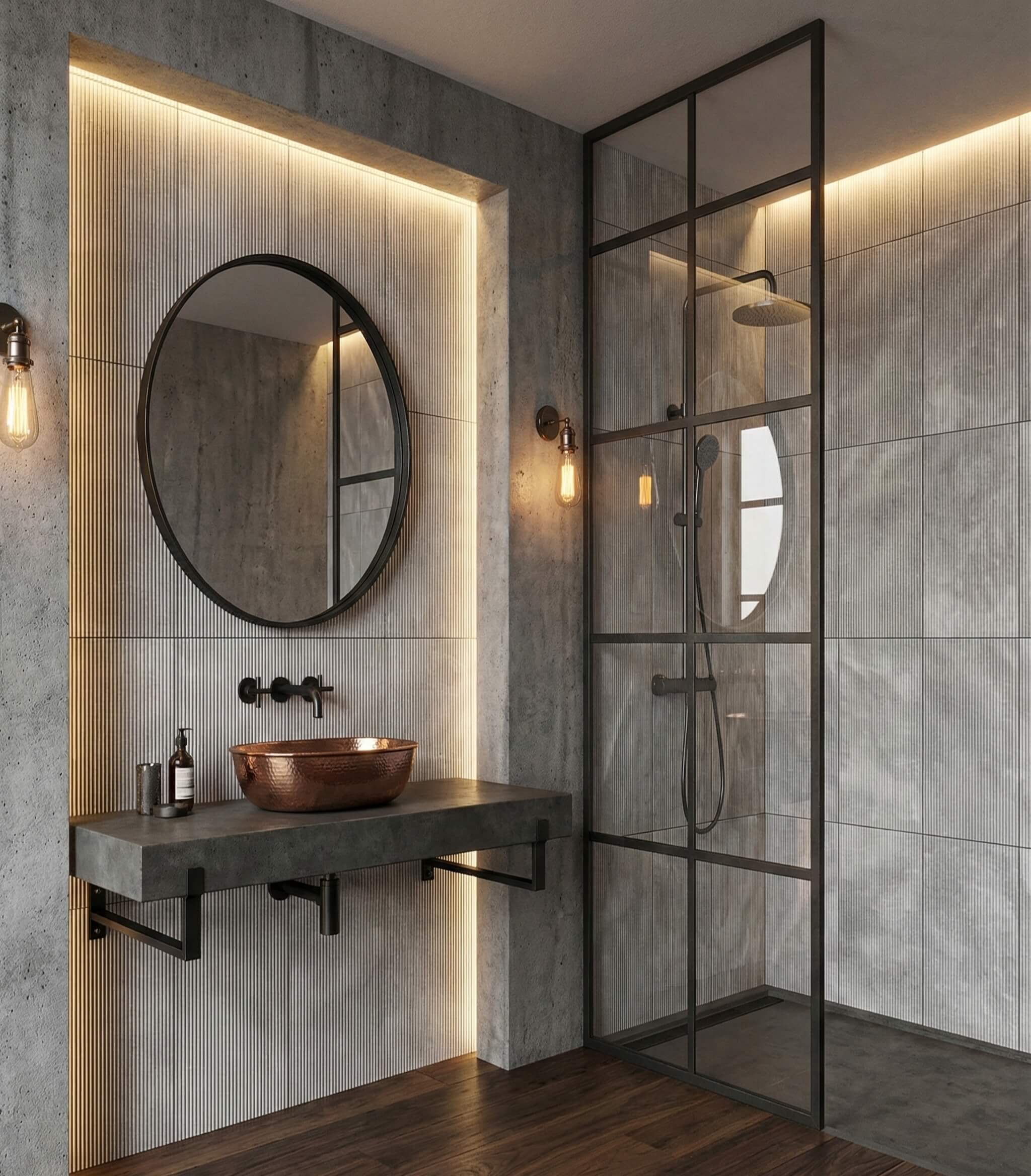 Industrial-style bathroom highlighting the rich 3D texture of Carrara Gray fluted marble tiles under warm accent lighting, perfectly matching a copper vanity sink.