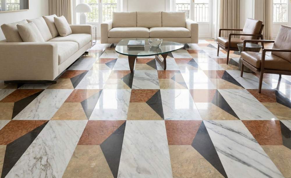 Chic living room interior featuring the beautiful four-color waterjet marble flooring. A 100% natural, exclusive stone addition to elevate any space.