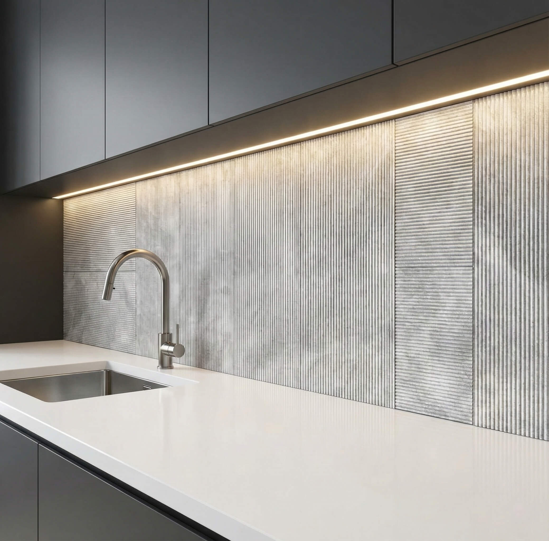 Modern kitchen featuring a creative mix of vertical and horizontal installation of Carrara Gray fluted marble tiles, illuminated by elegant under-cabinet lighting.