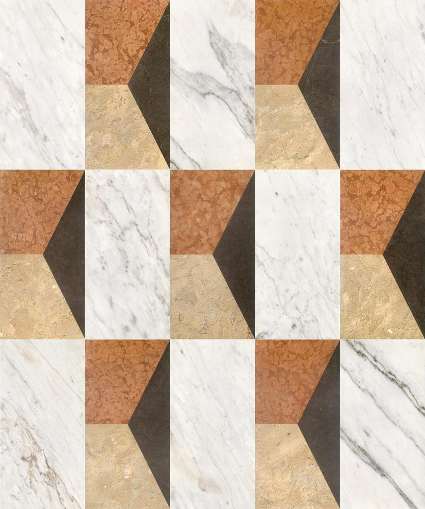 Stunning geometric layout of the four-color waterjet marble tiles showcasing the unique, one-of-a-kind natural stone variations.