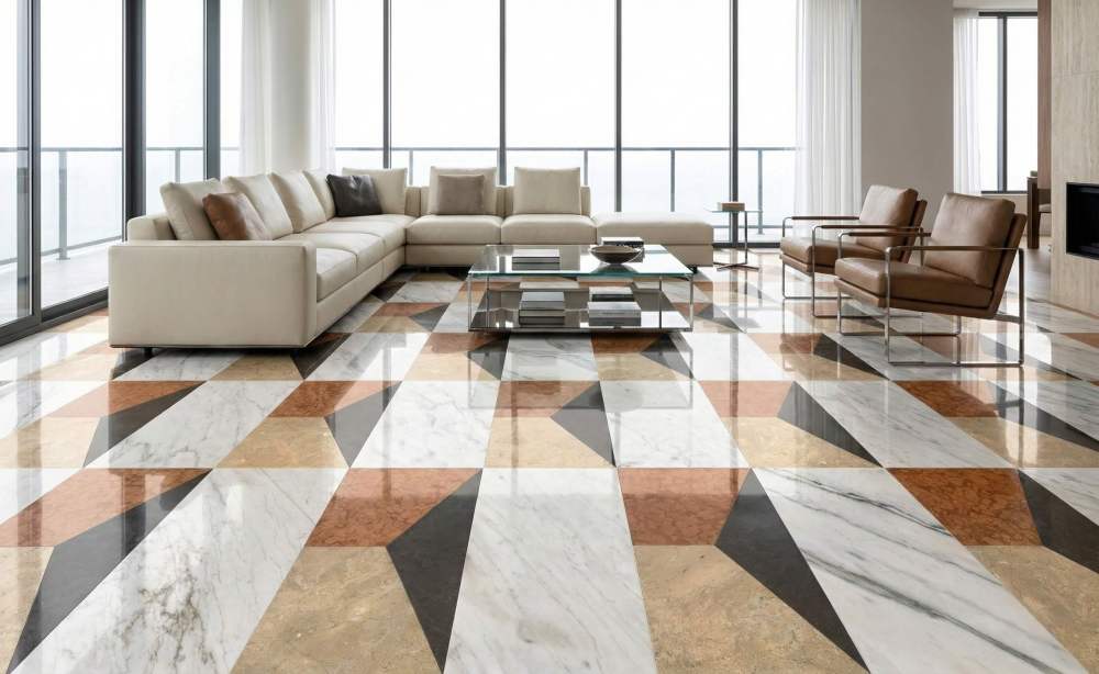 Luxury apartment living room boasting expansive polished waterjet marble floor tiles. Each box is securely packaged to ensure damage-free arrival.