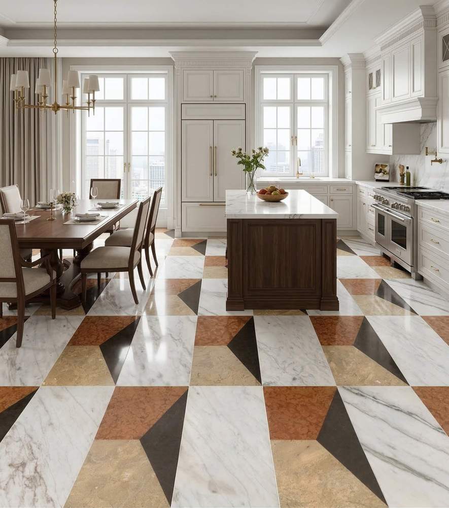 Classic luxury kitchen elevated by four-color polished waterjet marble flooring. Enjoy easy assembly and a one-of-a-kind natural stone aesthetic.