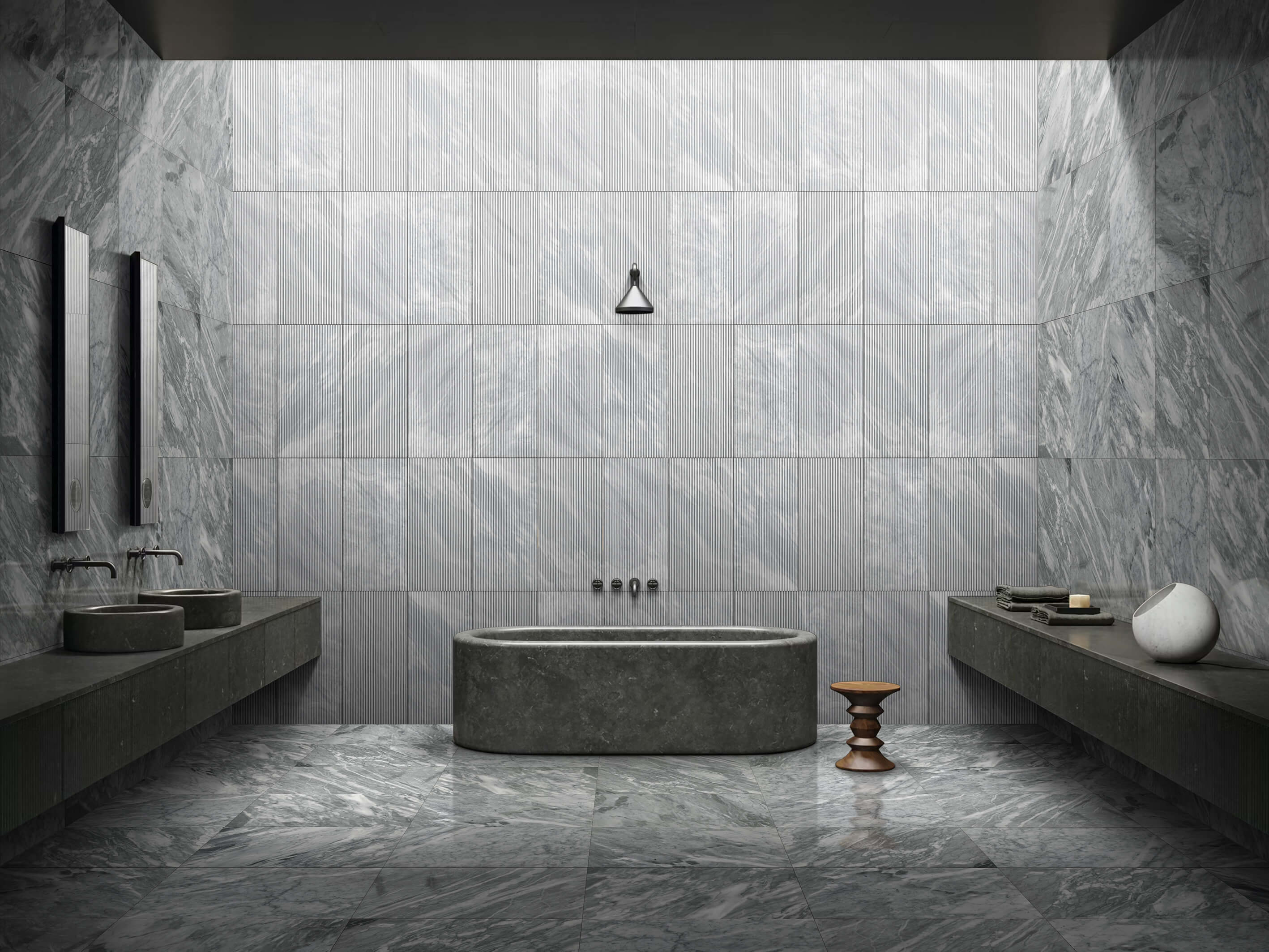 Luxurious spa-like bathroom interior utilizing 12x24 Carrara Gray polished marble for the floor and OL textured finish for the walls. Exclusive 100% natural stone.