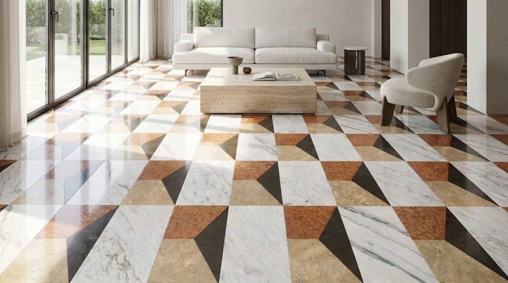 Modern living room bathed in natural light, showcasing the polished finish of our exclusive 12x24 waterjet marble tile flooring.