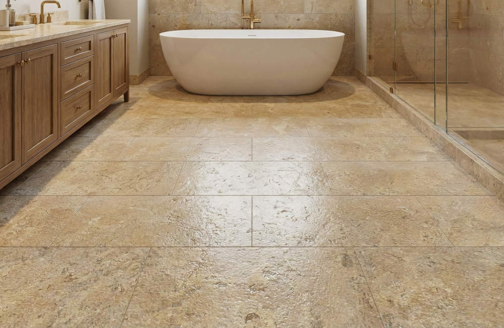 Spacious modern bathroom featuring unique Hyatt Gold natural stone tiles. The leather finish provides a sophisticated touch and a unique tactile experience.