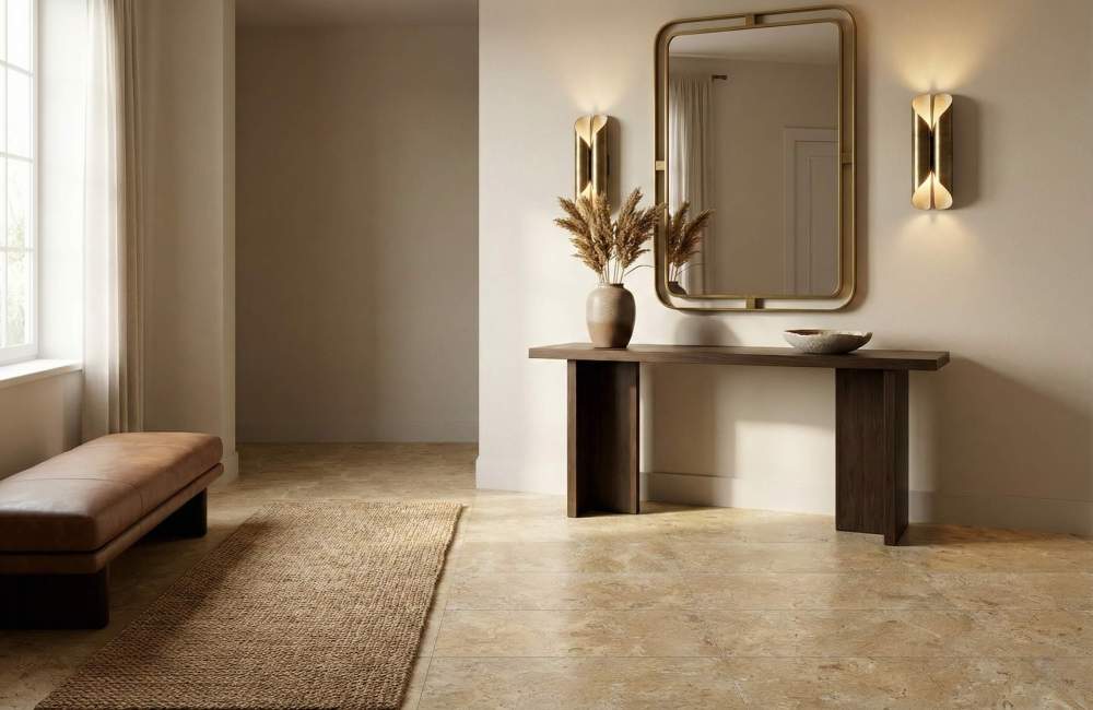 Upscale residential foyer featuring Hyatt Gold leather finished marble tiles. Exclusive luxury natural stone, available in stock from our US warehouse.