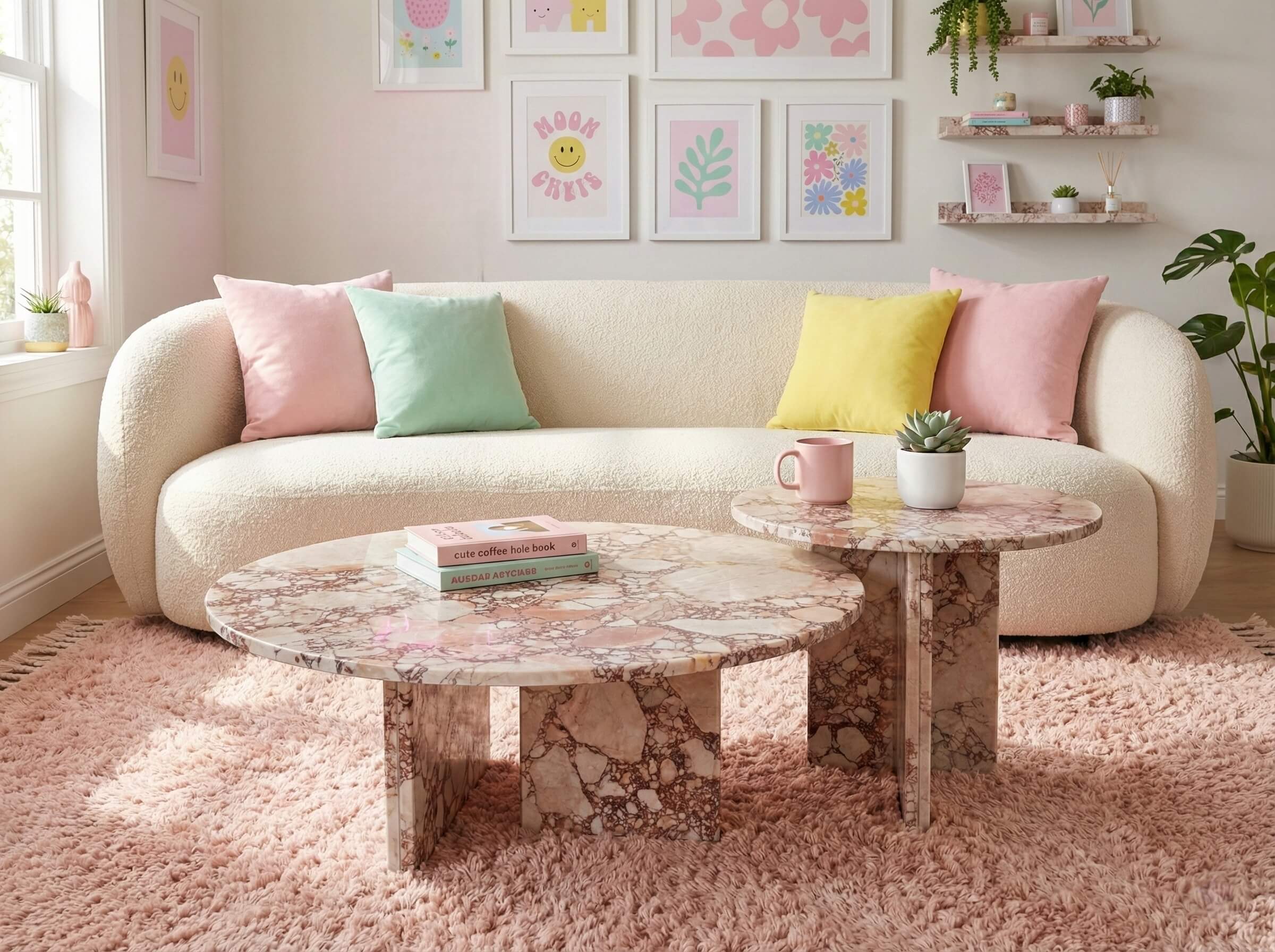 Pastel-themed living room with a fluffy pink rug, highlighting the polished diamond pink natural marble coffee table set. Each 100% natural stone piece features entirely unique natural patterns.