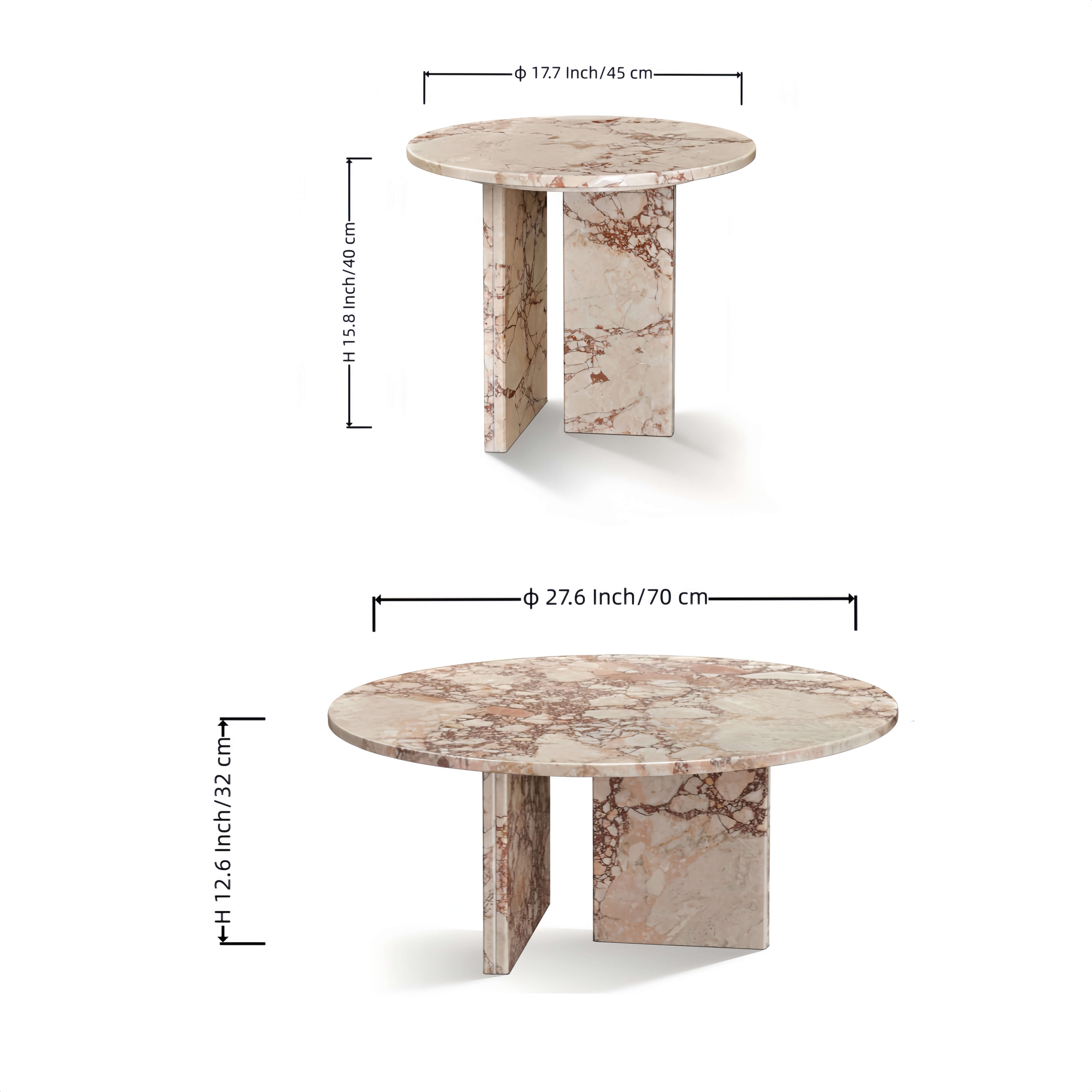 Detailed dimensions and sizing guide for the round pink marble nesting tables, featuring a 28.6-inch coffee table and a 17.7-inch end table.