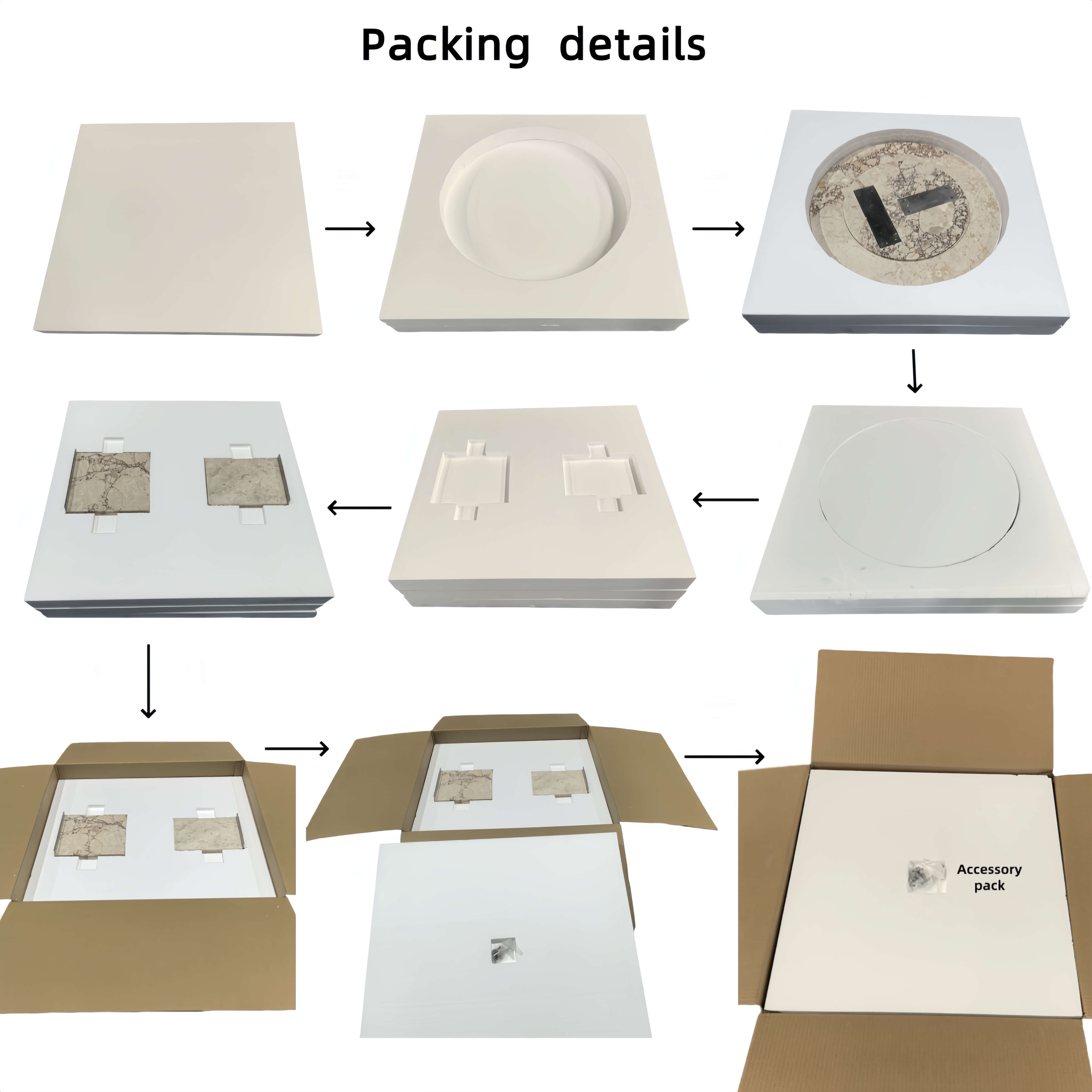 High-density foam packing and secure shipping details for the 28-inch round pink stone coffee table, ensuring safe transit and easy assembly upon arrival.