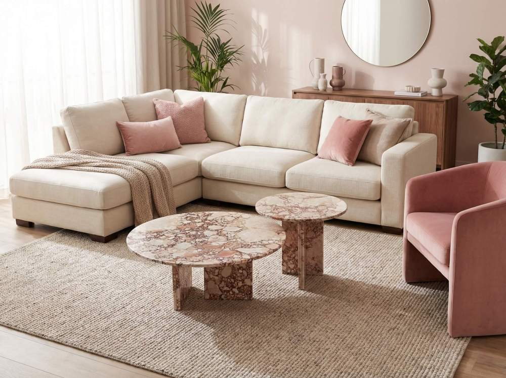 A bright modern living room featuring a beige sectional and our 2-piece diamond pink marble nesting tables. Shipped fast from our US warehouse with safe, damage-proof packaging for peace of mind.