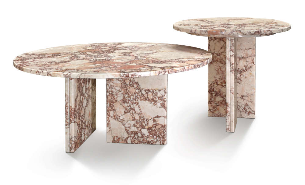 Front view of the luxury 2-piece diamond pink natural marble nesting coffee table set, showcasing 100% authentic stone and unique natural veins.