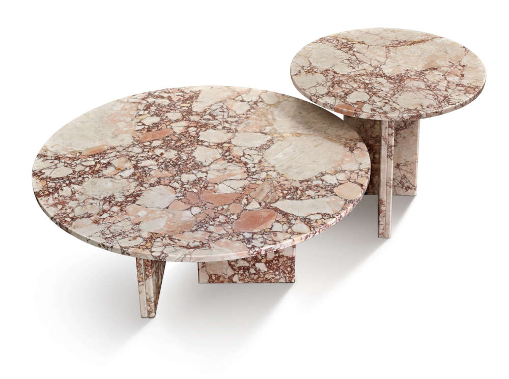Top-down isolated view of the diamond pink natural marble coffee table set, distinctly displaying the 100% natural, one-of-a-kind veining on both the 28-inch and 18-inch polished stone tops.
