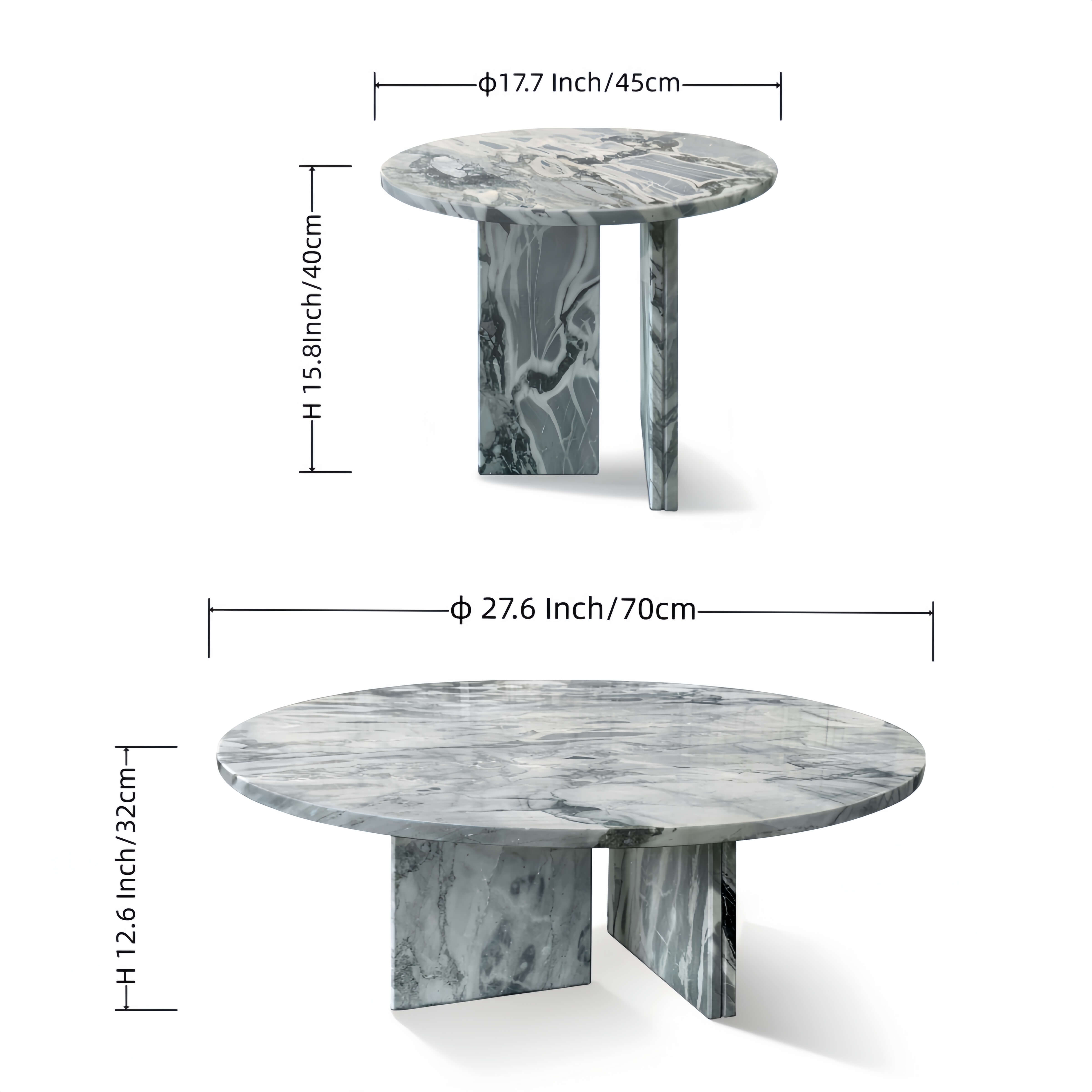 Dimensions diagram for the Cloudy Blue marble nesting tables: small side table (&Oslash;17.7