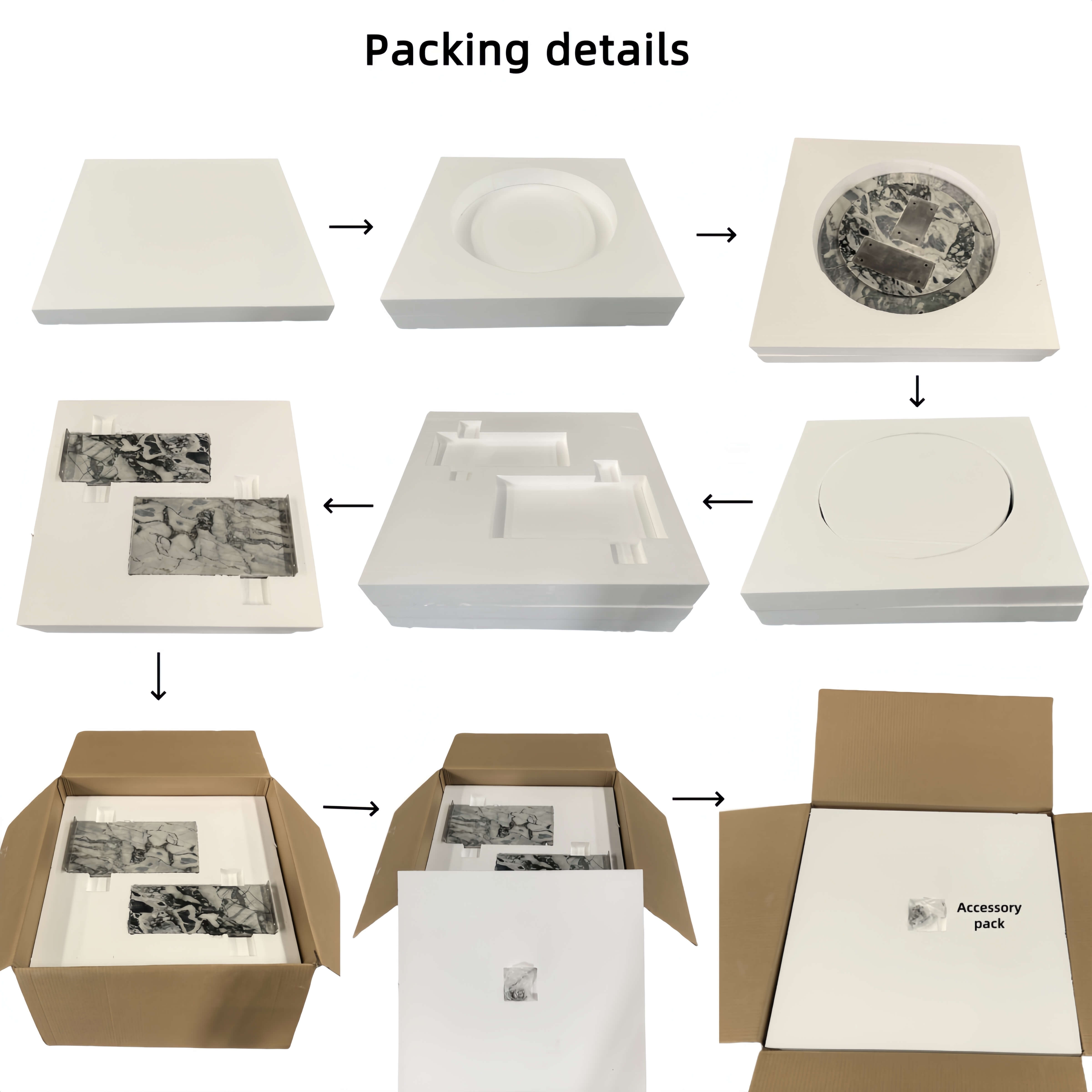 Safe and damage-proof custom foam packaging details for the 45cm natural marble coffee table, ensuring secure transit and including an easy-to-assemble accessory pack.