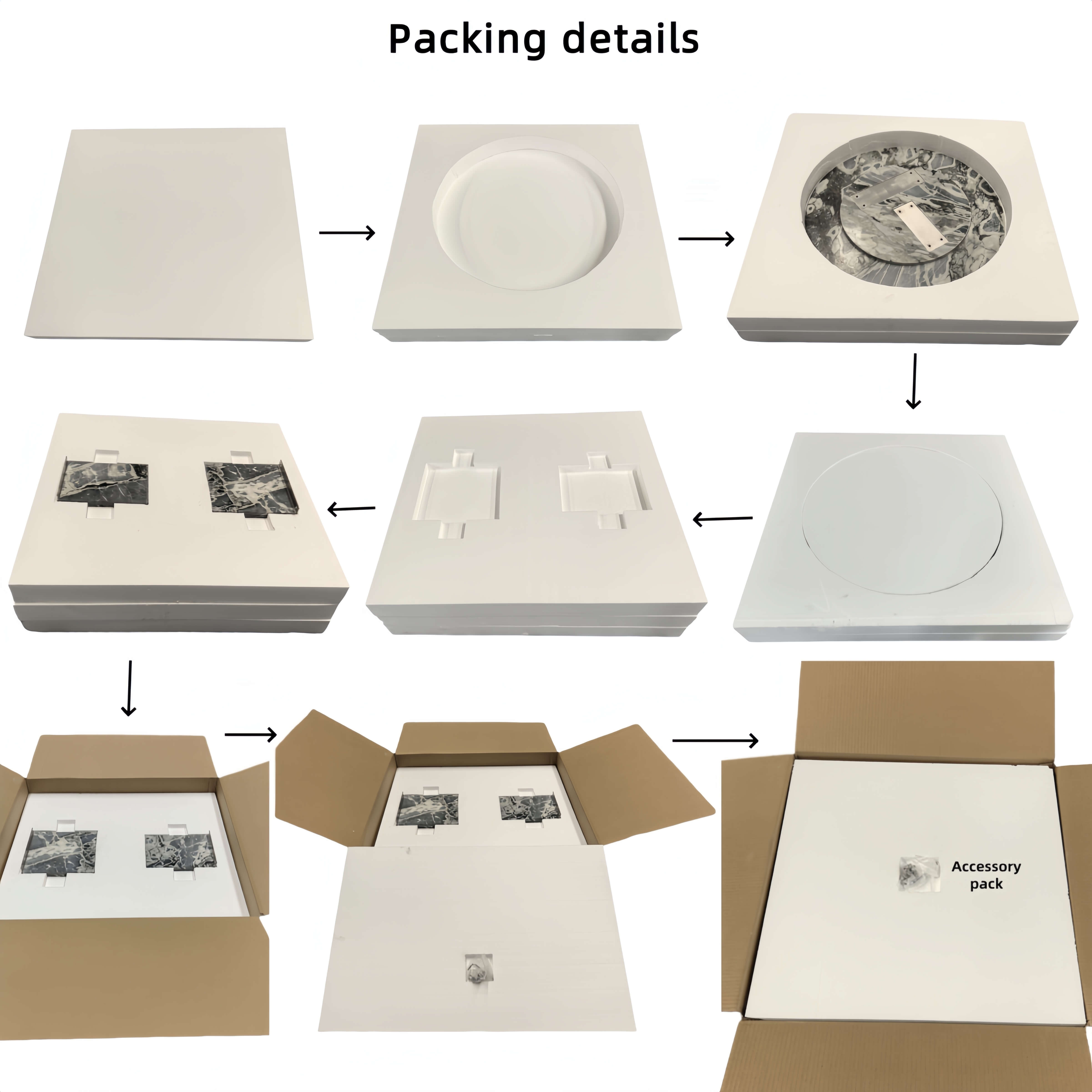 Step-by-step secure packaging process for the 70cm Cloudy Blue marble table, featuring heavy-duty protection for safe delivery from our US warehouse.
