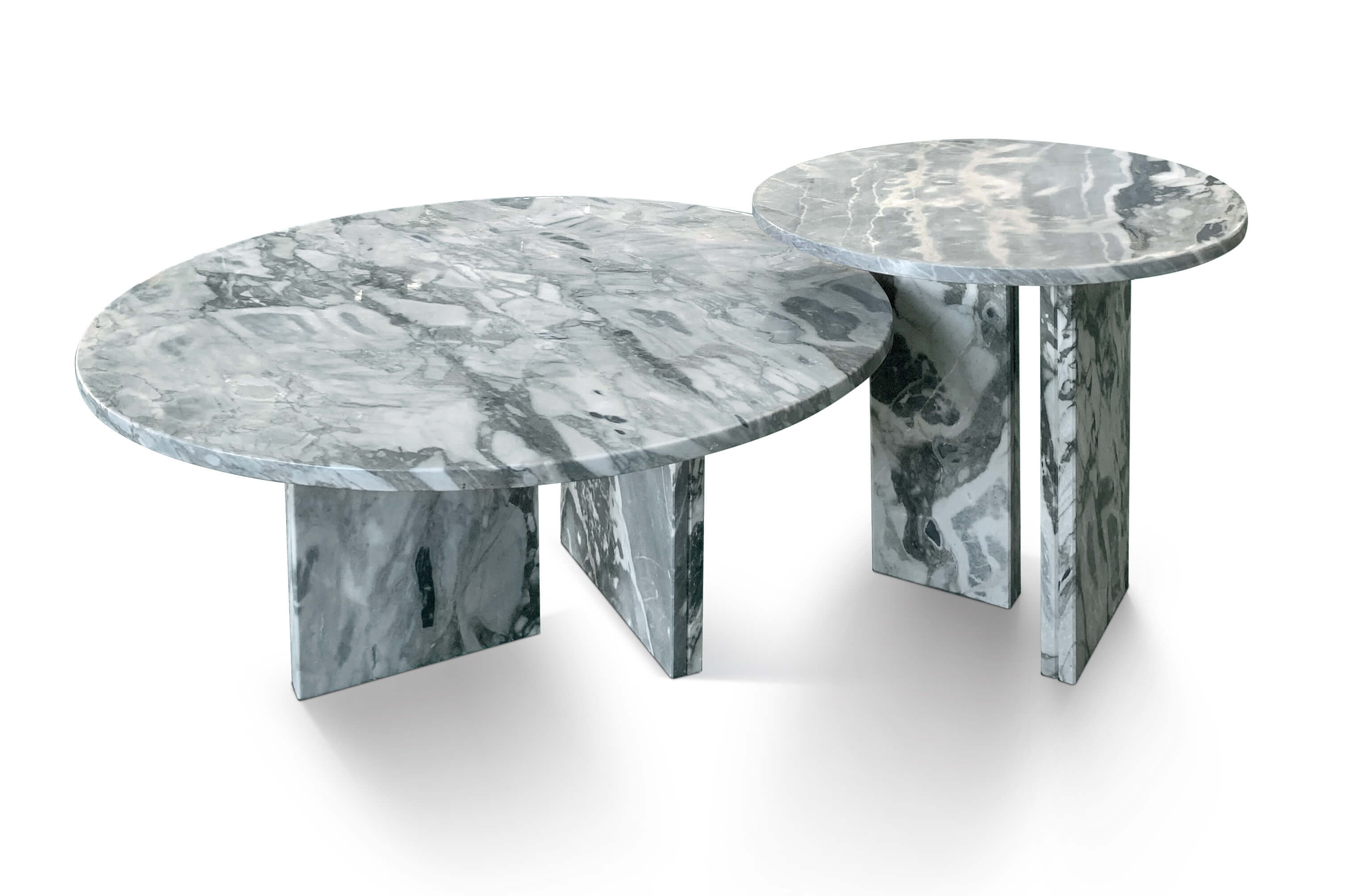 Front view of a modern 2-piece nesting coffee table set made of 100% natural Cloudy Blue marble, featuring unique grey-blue stone veins and a polished finish.