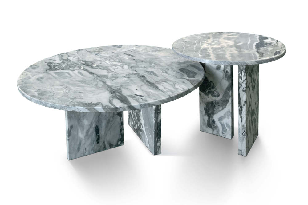 Front view of a modern 2-piece nesting coffee table set made of 100% natural Cloudy Blue marble, featuring unique grey-blue stone veins and a polished finish.