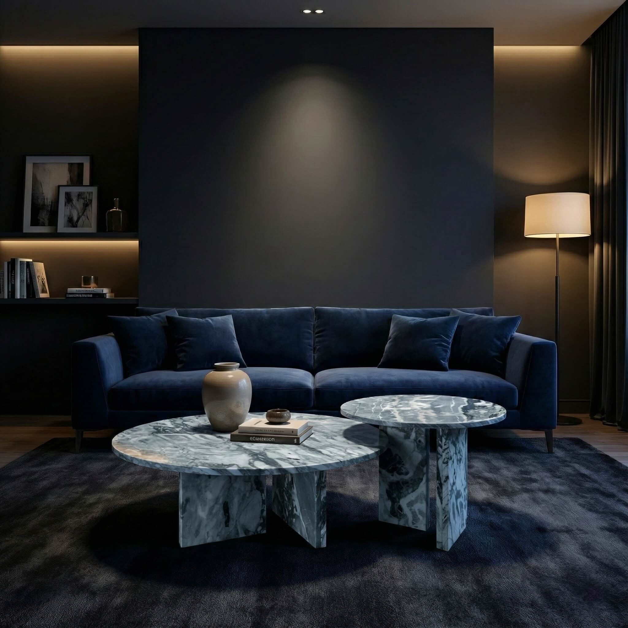 Luxury dark interior design anchored by the Cloudy Blue stone coffee table set. These elegant, easy-to-assemble tables add a premium aesthetic to any modern home.