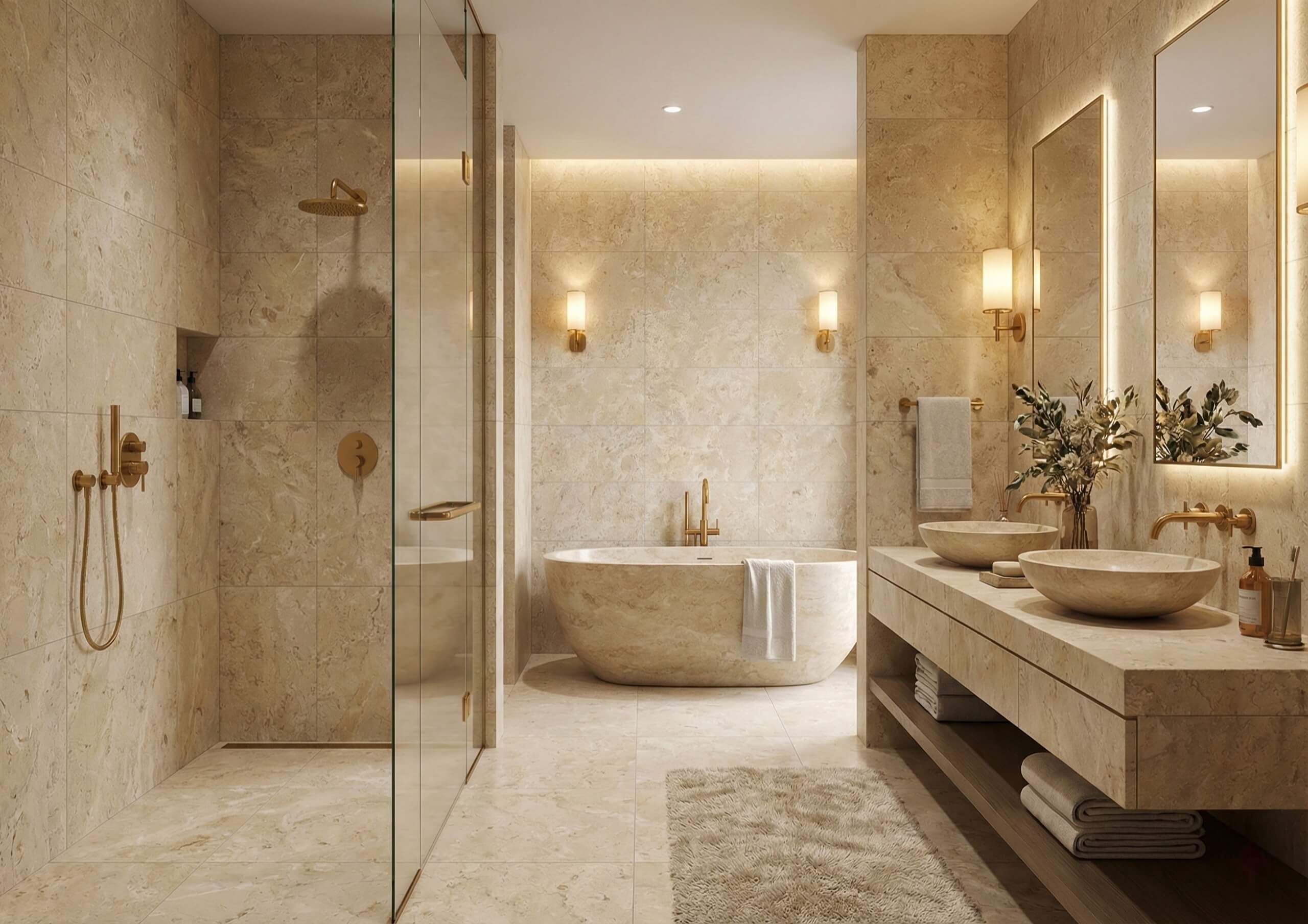 Breathtaking luxury bathroom showcasing 12x24 Hyatt Gold honed marble tiles on the floor and walls, perfectly matching a custom monolithic bathtub and double sinks carved from a single block of exclusive natural stone.