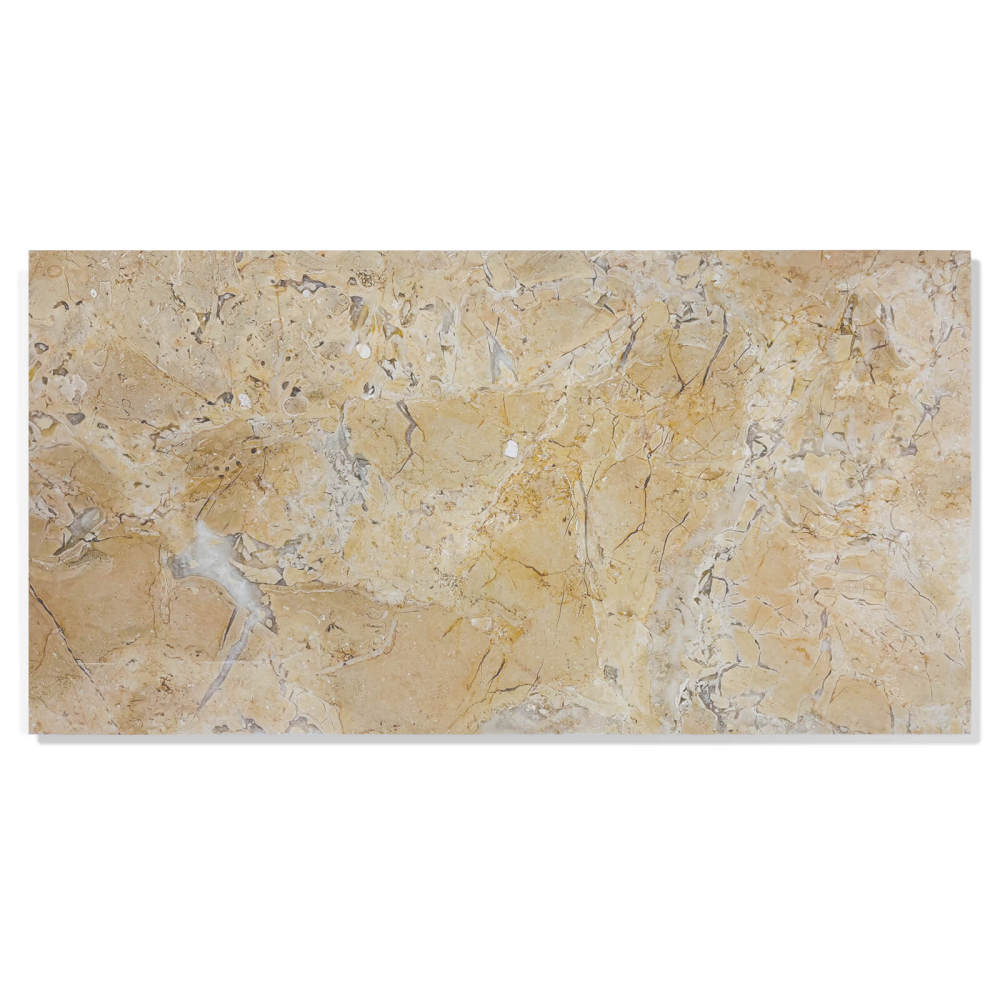 12x24 inch Hyatt Gold natural marble tile with a premium honed finish, showcasing unique beige and gold veins on a clean white background.