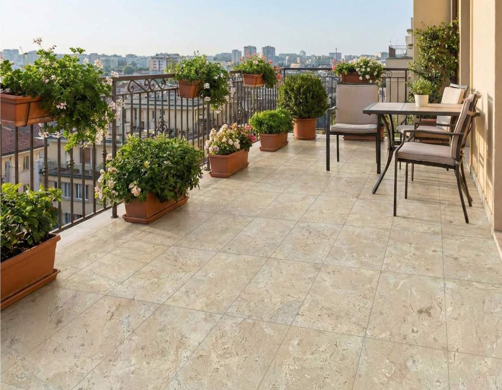 Hyatt Gold honed marble tiles elegantly installed on a balcony floor, demonstrating its durability and beauty in an outdoor or semi-outdoor living space.