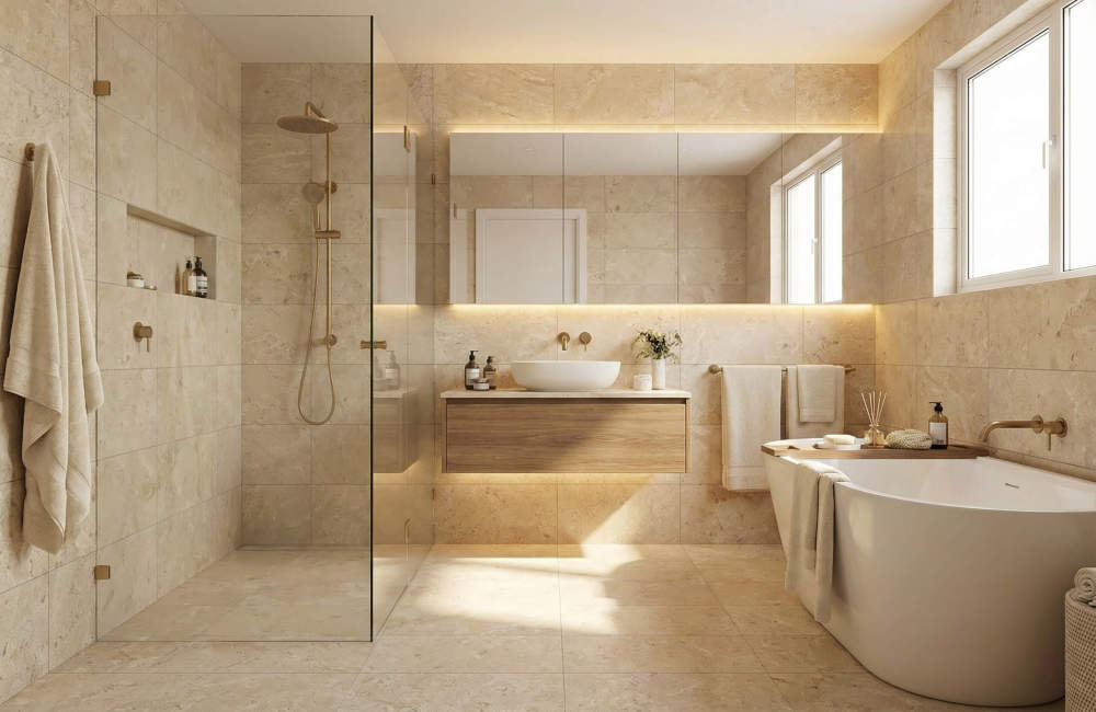 Luxury bathroom interior featuring Hyatt Gold natural marble tiles perfectly installed on both the floor and shower walls, complementing a modern bathtub.