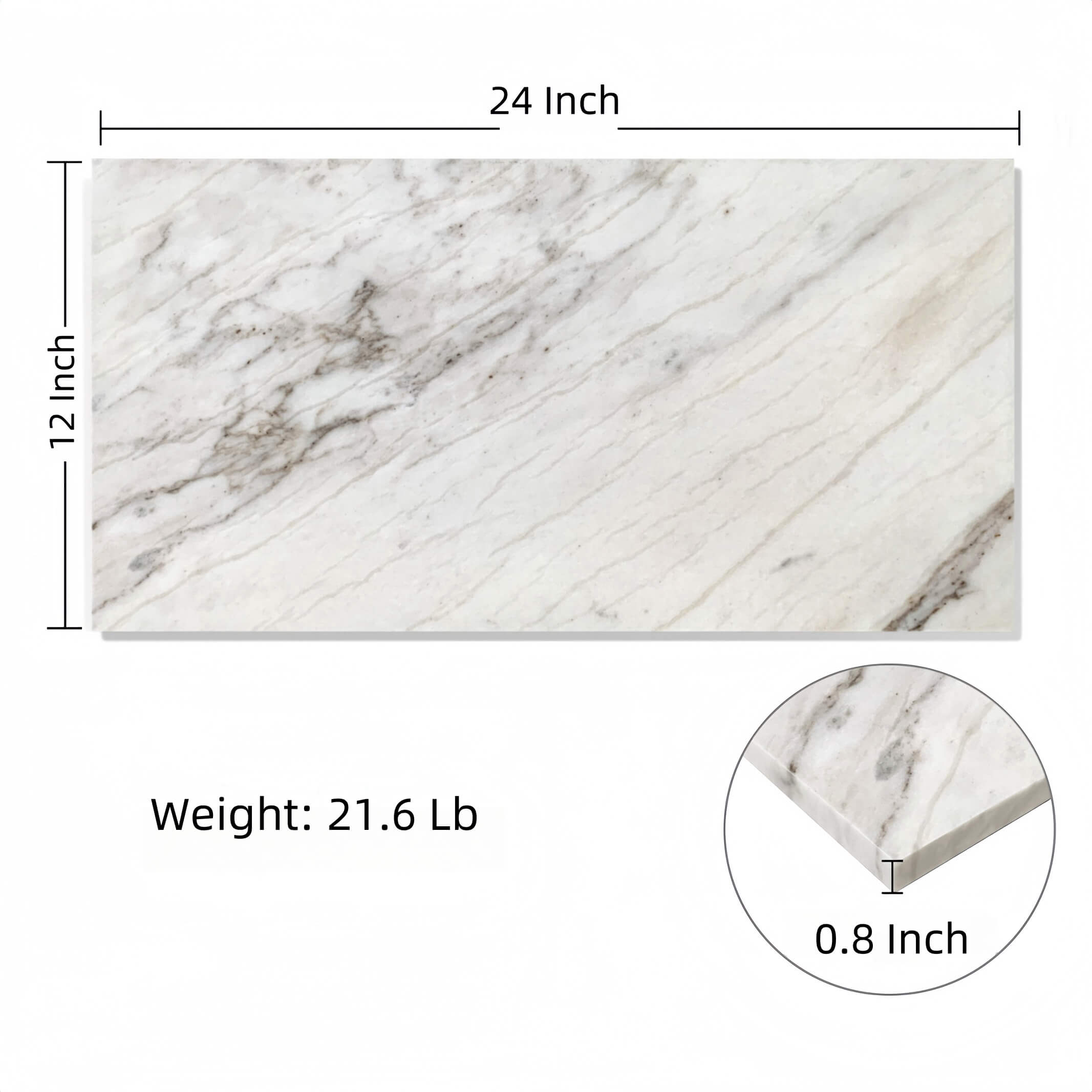Infographic showing Snow Mountain White marble tile dimensions: 24x12 inches, 0.8-inch thickness, and 21.6 lbs weight.