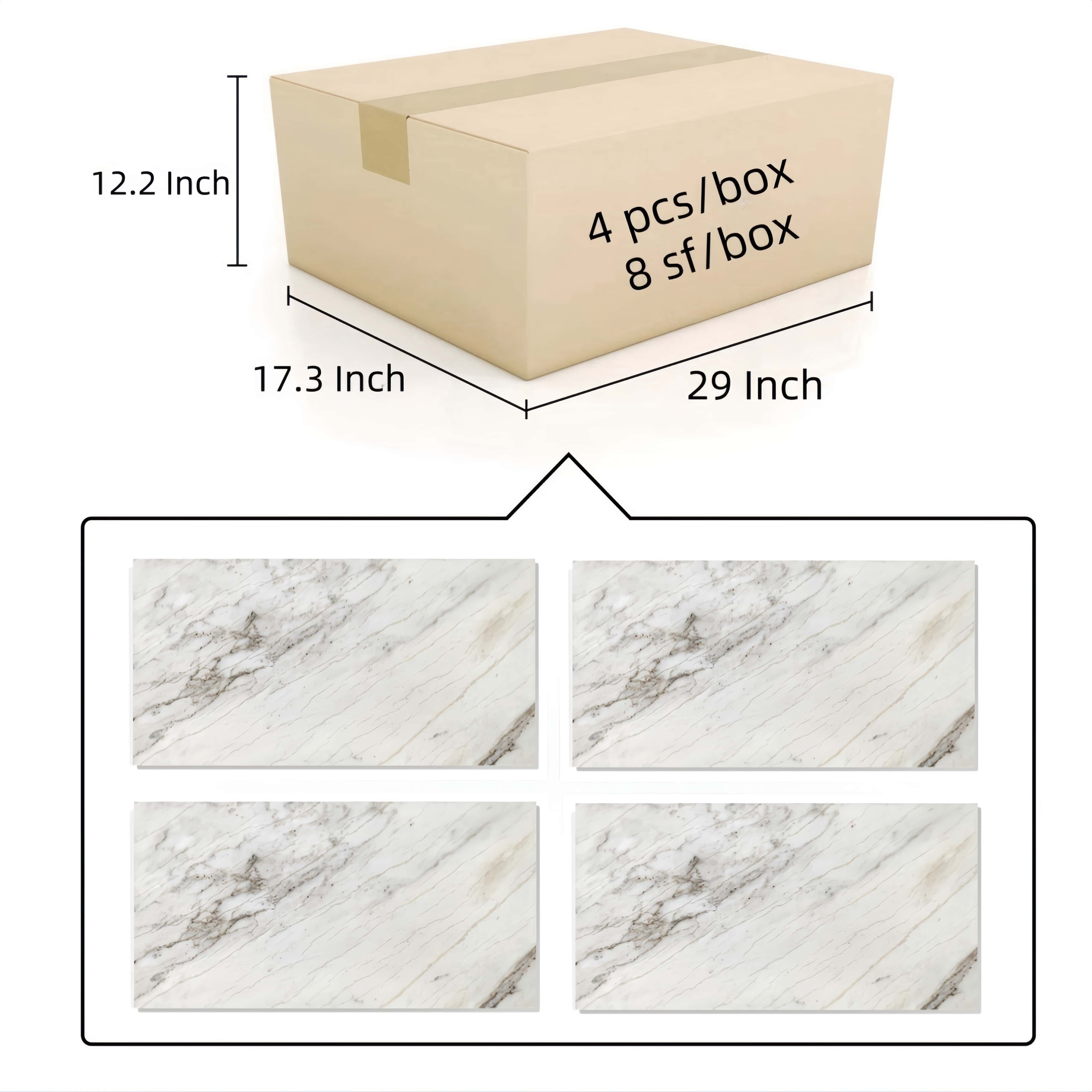 Packaging details for Snow Mountain White marble: 4 pieces per box covering 8 sq. ft. with box dimensions 29x17.3x12.2 inches.