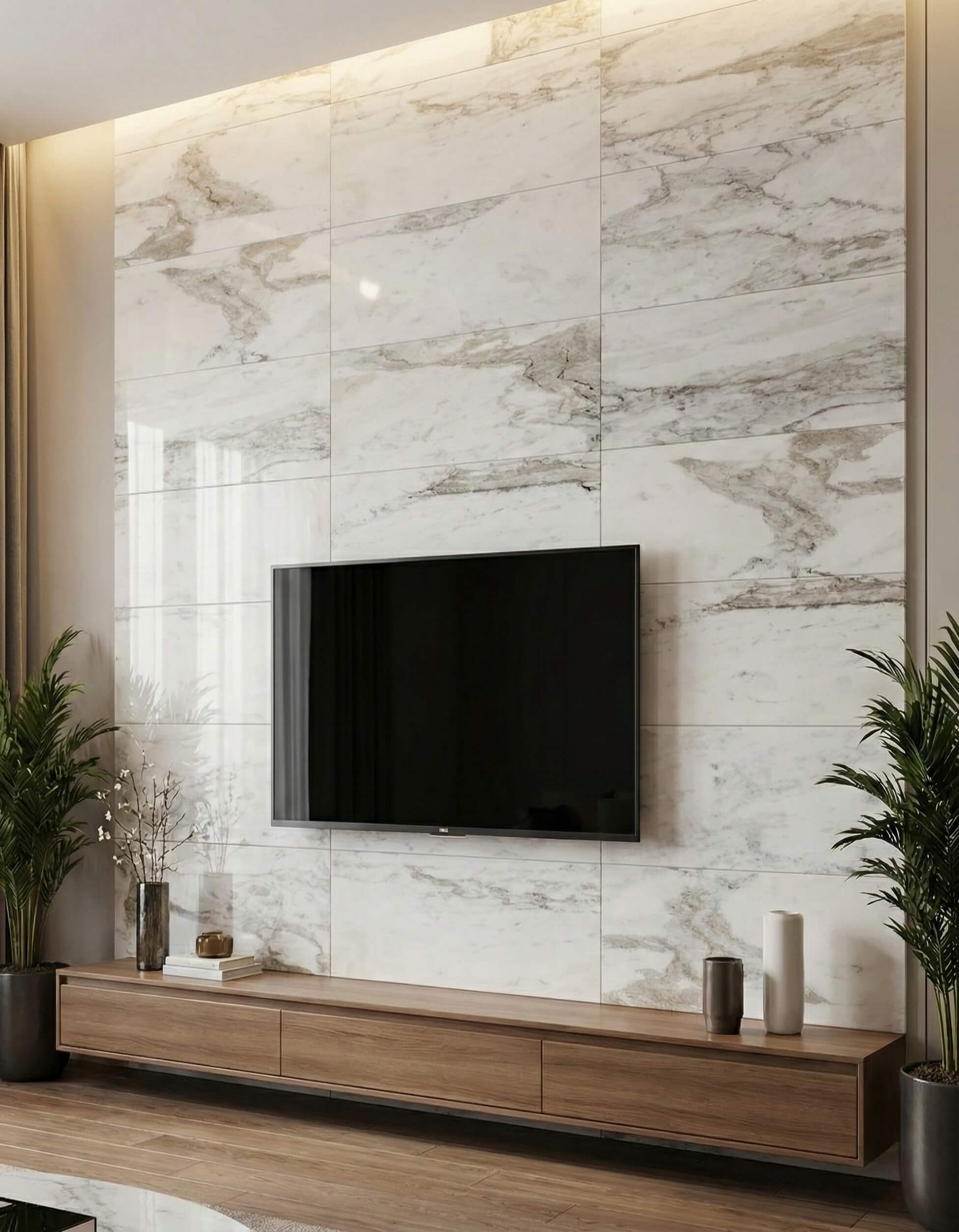 Luxury TV background wall installation featuring the distinctive grey veining of Snow Mountain White marble tiles.