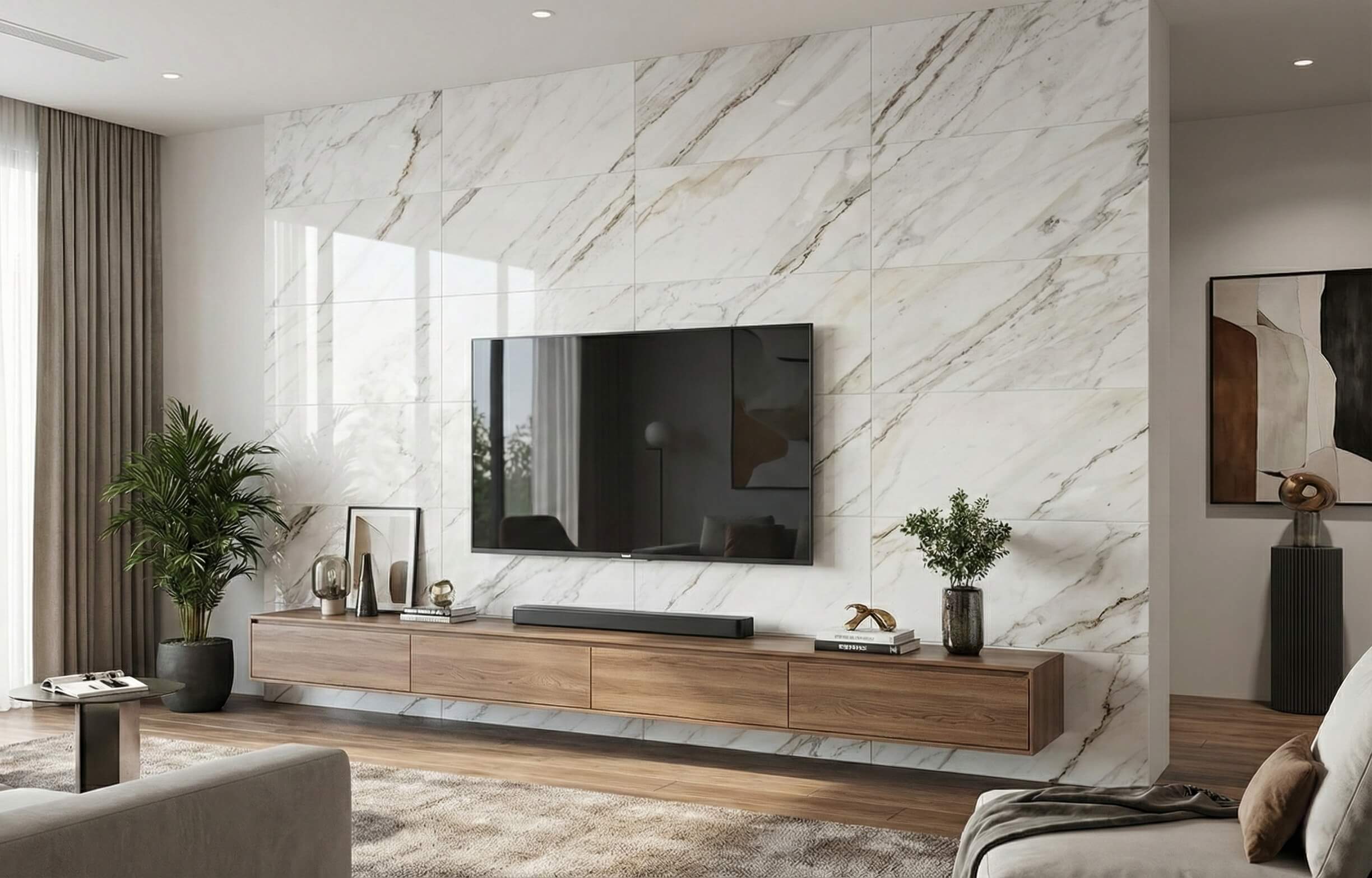 Modern home entertainment center enhanced by a seamless Snow Mountain White natural marble tile accent wall.