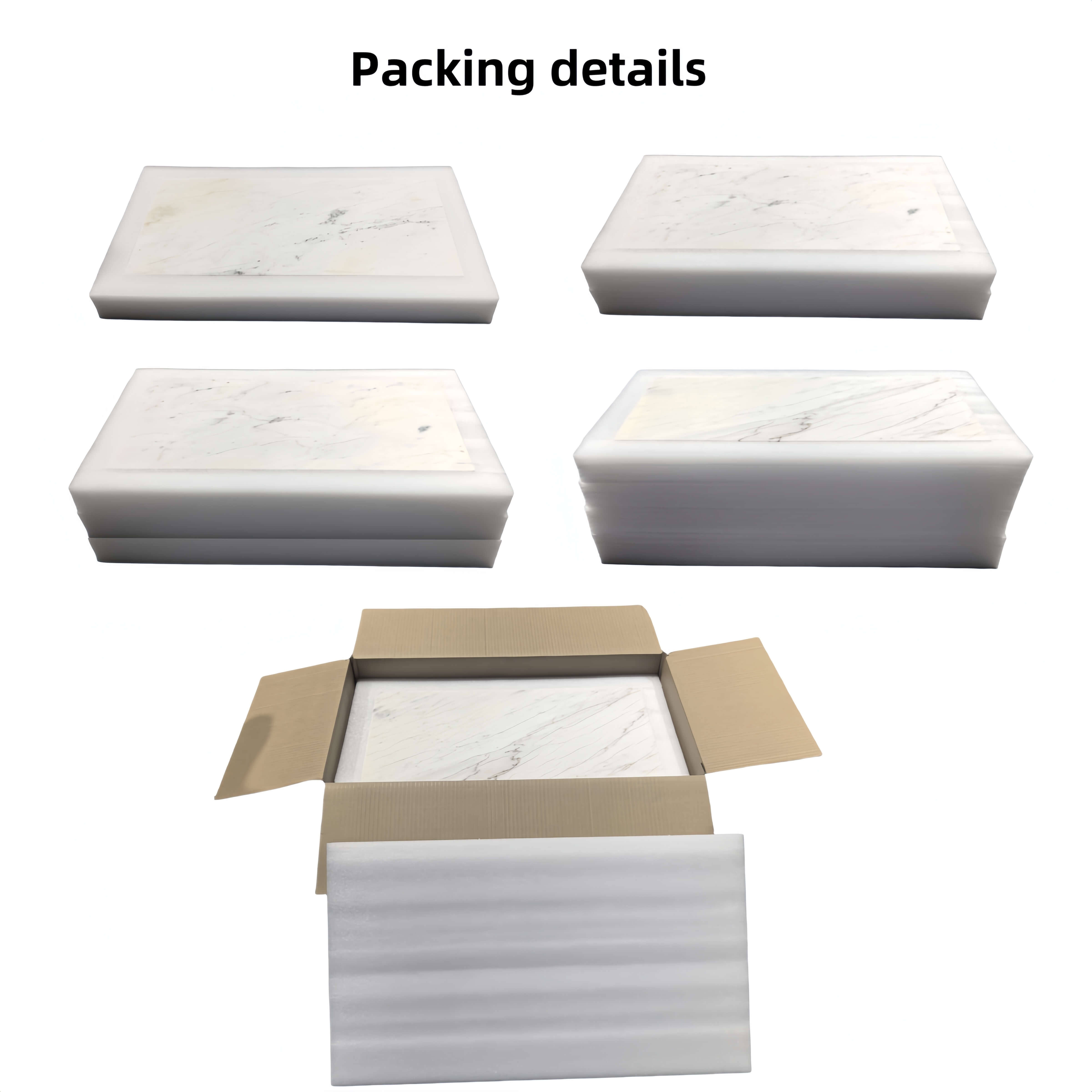 Detailed view of the multi-layer protective foam packaging for safe shipping of natural marble tiles.