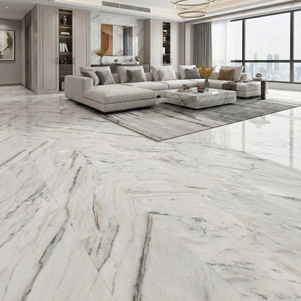 Contemporary living space elevated by the timeless beauty of exclusively sourced Snow Mountain White marble flooring.