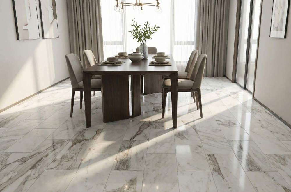 Sophisticated dining room floor designed with 100% natural Snow Mountain White marble tiles, reflecting light beautifully.