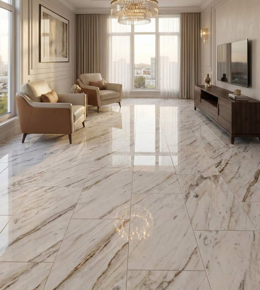 Sunlit living room highlighting the glossy polished finish of 20mm thick Snow Mountain White natural marble floor tiles.