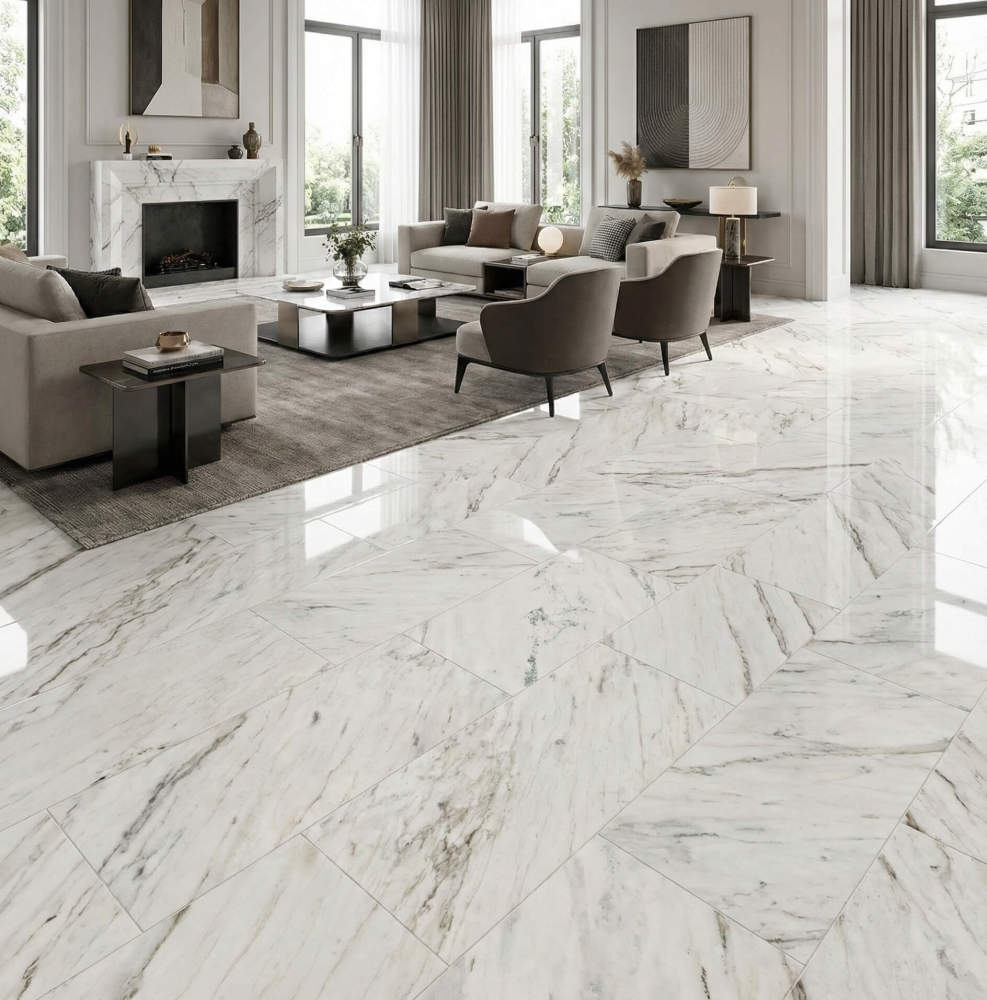 Expansive luxury living room featuring high-end Snow Mountain White polished marble floor tiles with unique natural textures.