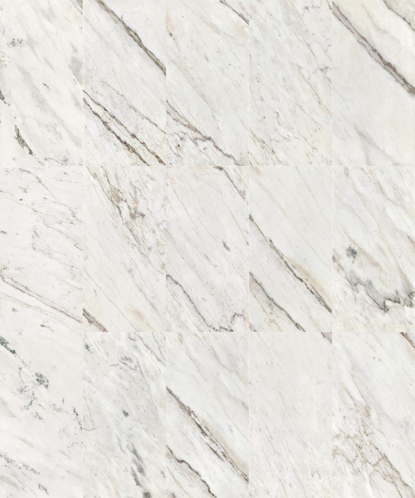 A seamless layout of multiple Snow Mountain White marble tiles displaying unique natural stone patterns for wall and floor.