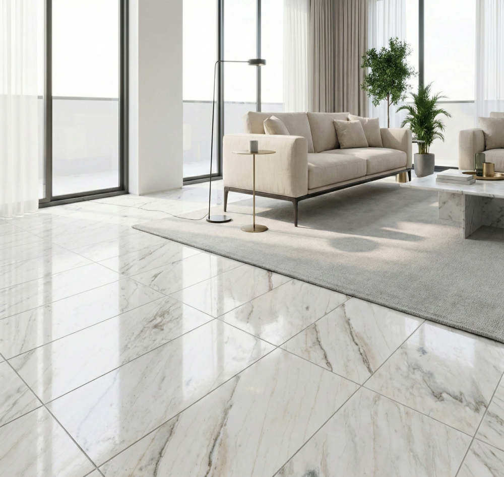 Premium interior design featuring Snow Mountain White marble floor tiles, showing 100% unique natural stone artistry.