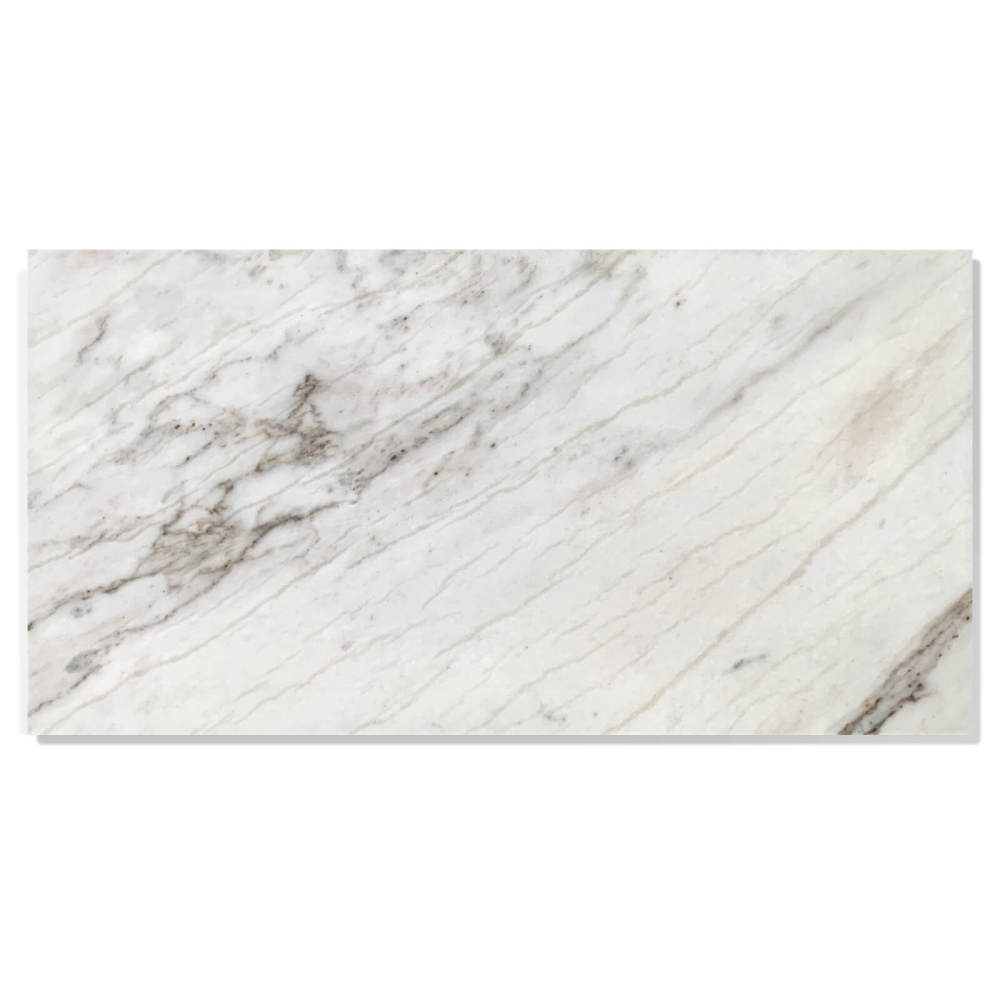 Close-up of a 12x24 inch Snow Mountain White marble tile with elegant grey veining and a high-gloss polished finish.