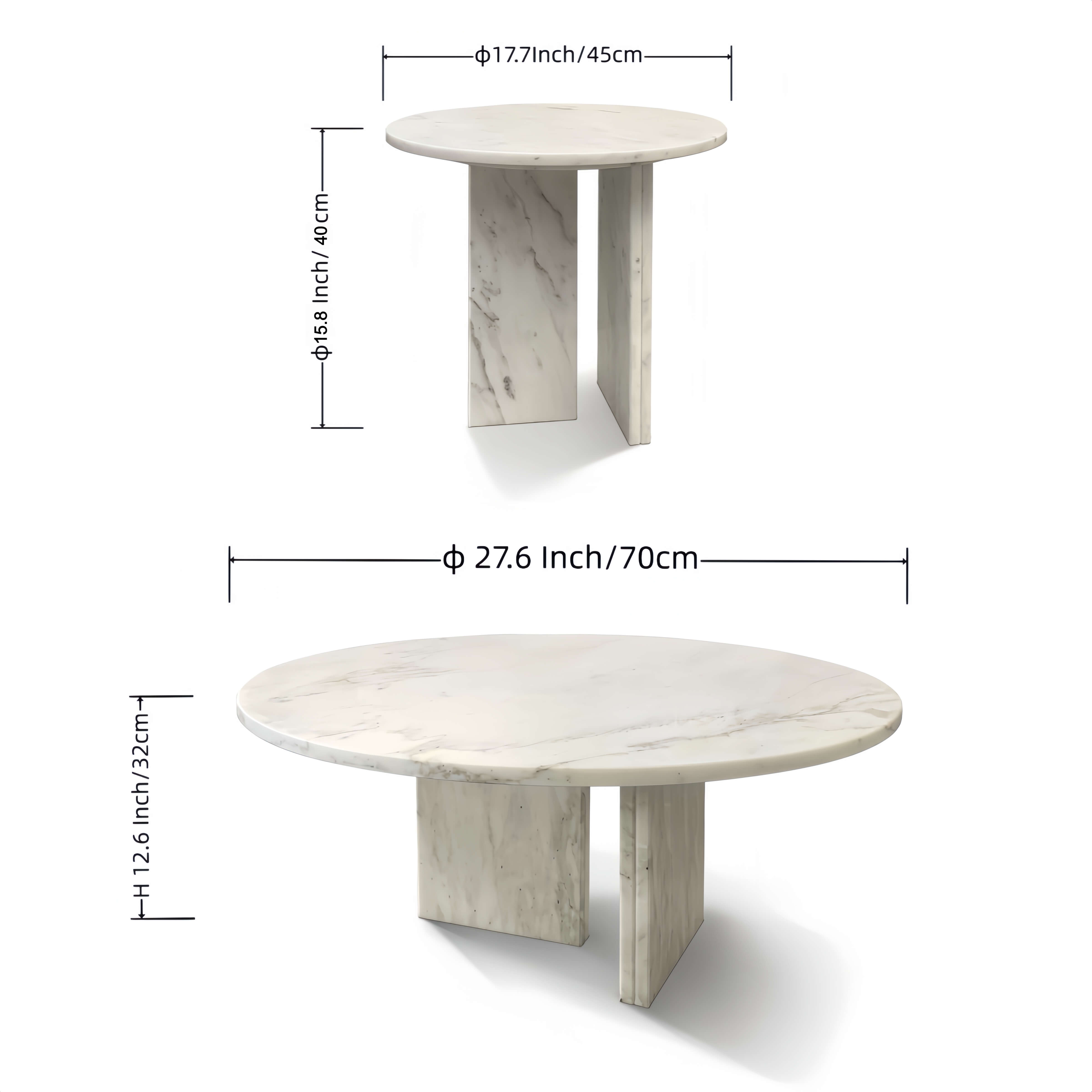 Dimension details for the nesting coffee tables: large table is 28 inches wide, small table is 18 inches wide.