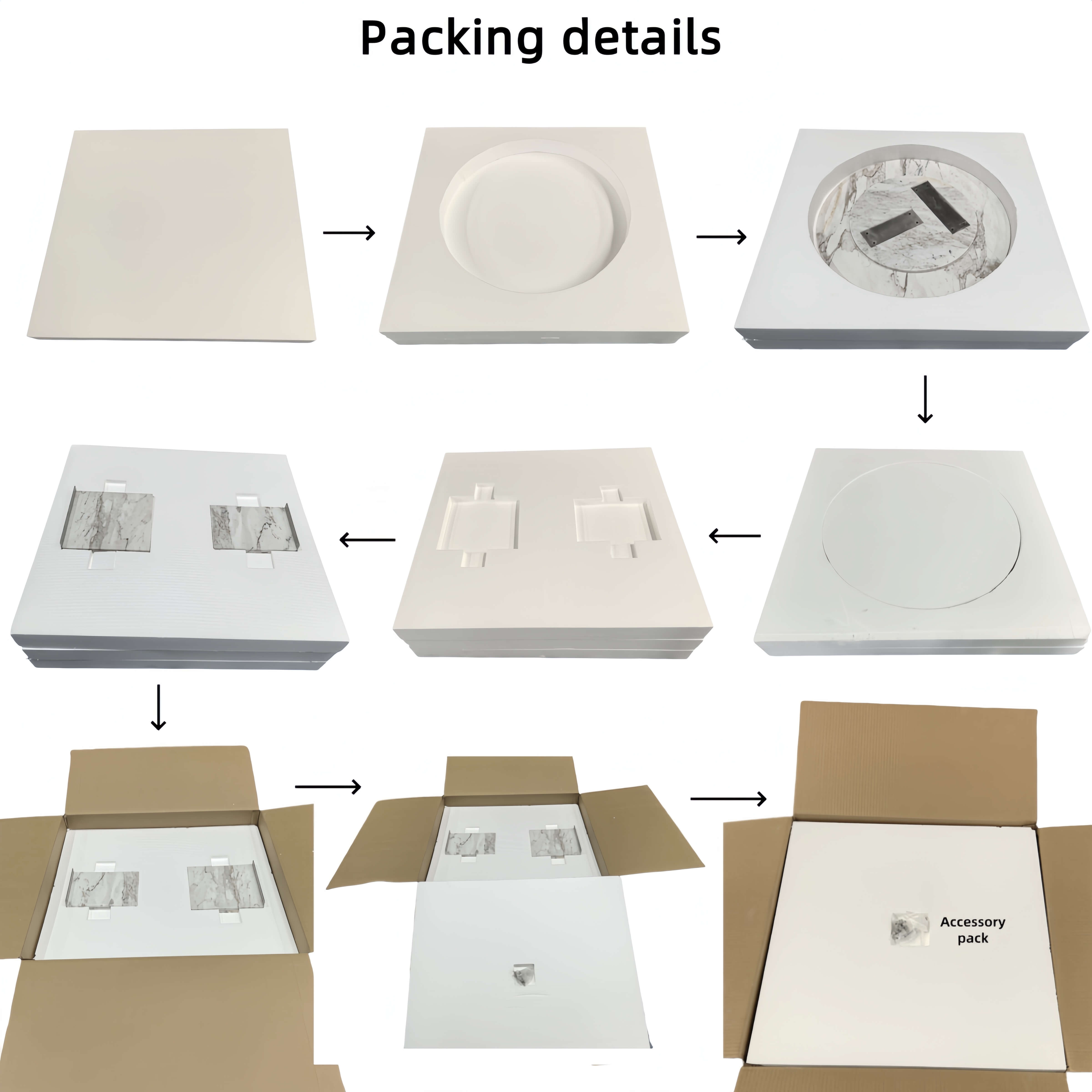 Robust foam and carton packaging details for the 28-inch large marble coffee table, guaranteeing a damage-free arrival.