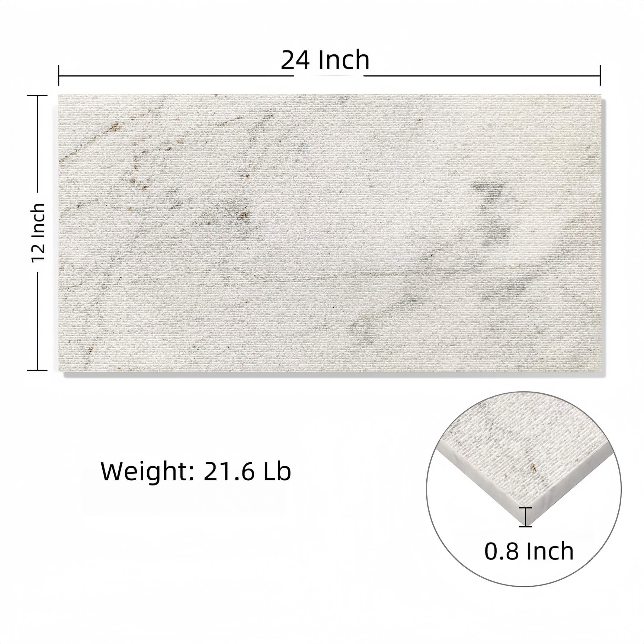 Dimensions and weight specifications of the Snow Mountain White marble wall tile: 24 inches long, 12 inches wide, 0.8 inches thick, weighing 21.6 lbs.